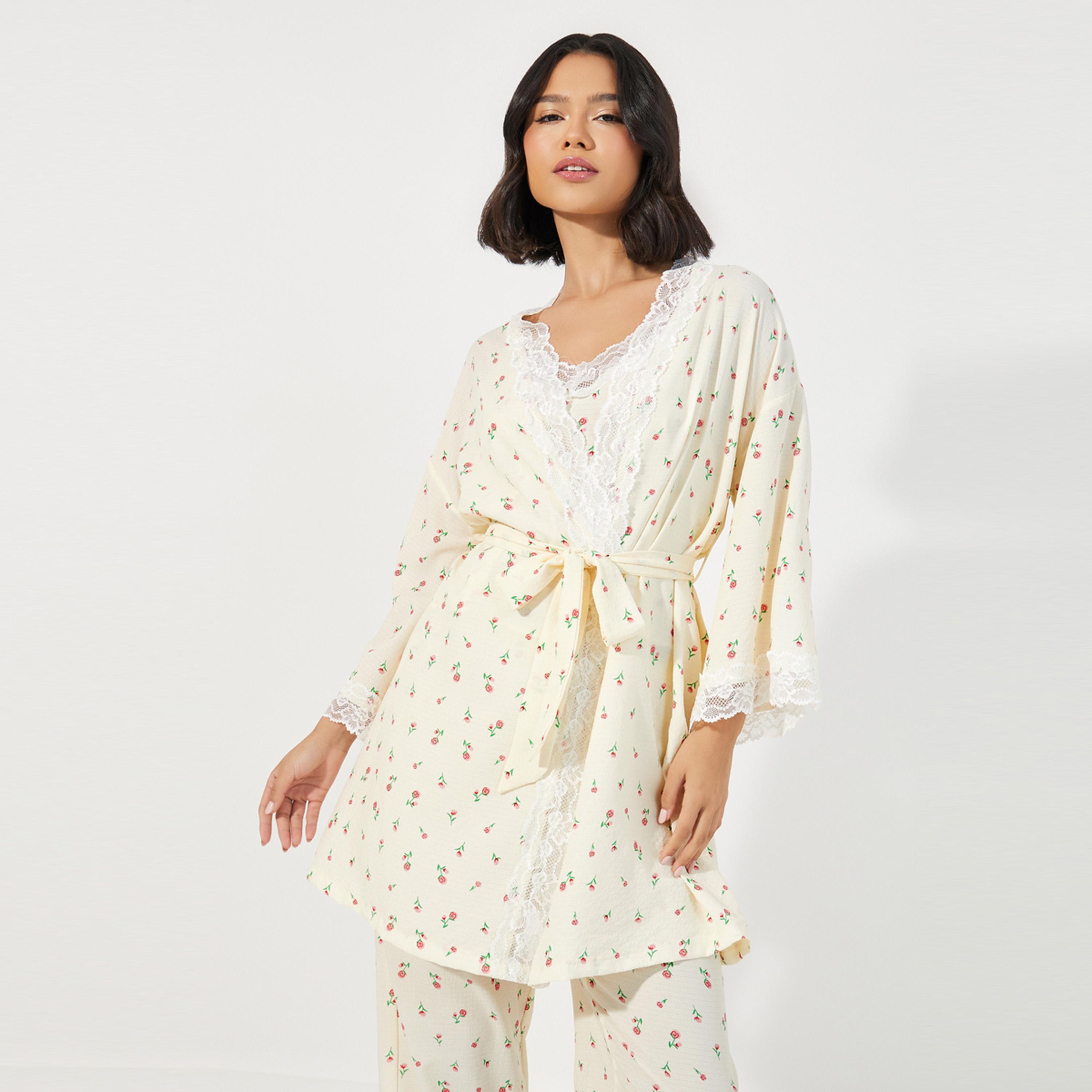 Styli Unwind Pack of 3 - Ditsy Print Lace Trim Cami, Pyjama & Robe-women-clothing-nightwear-pyjamas-longsets-image-4