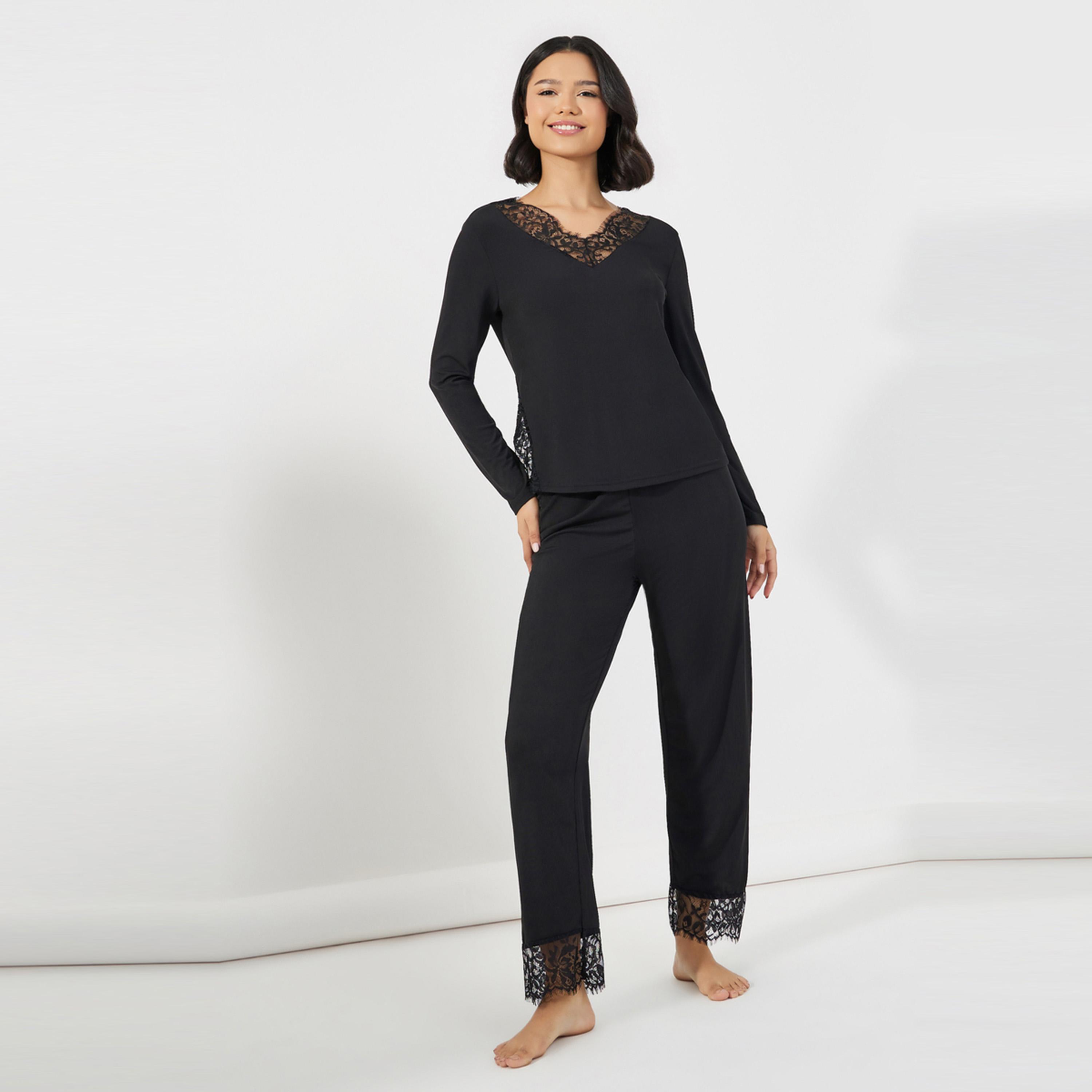 Styli Unwind Lace Insert V Neck Top & Pants Pyjama Set-women-clothing-nightwear-pyjamas-longsets-image-1