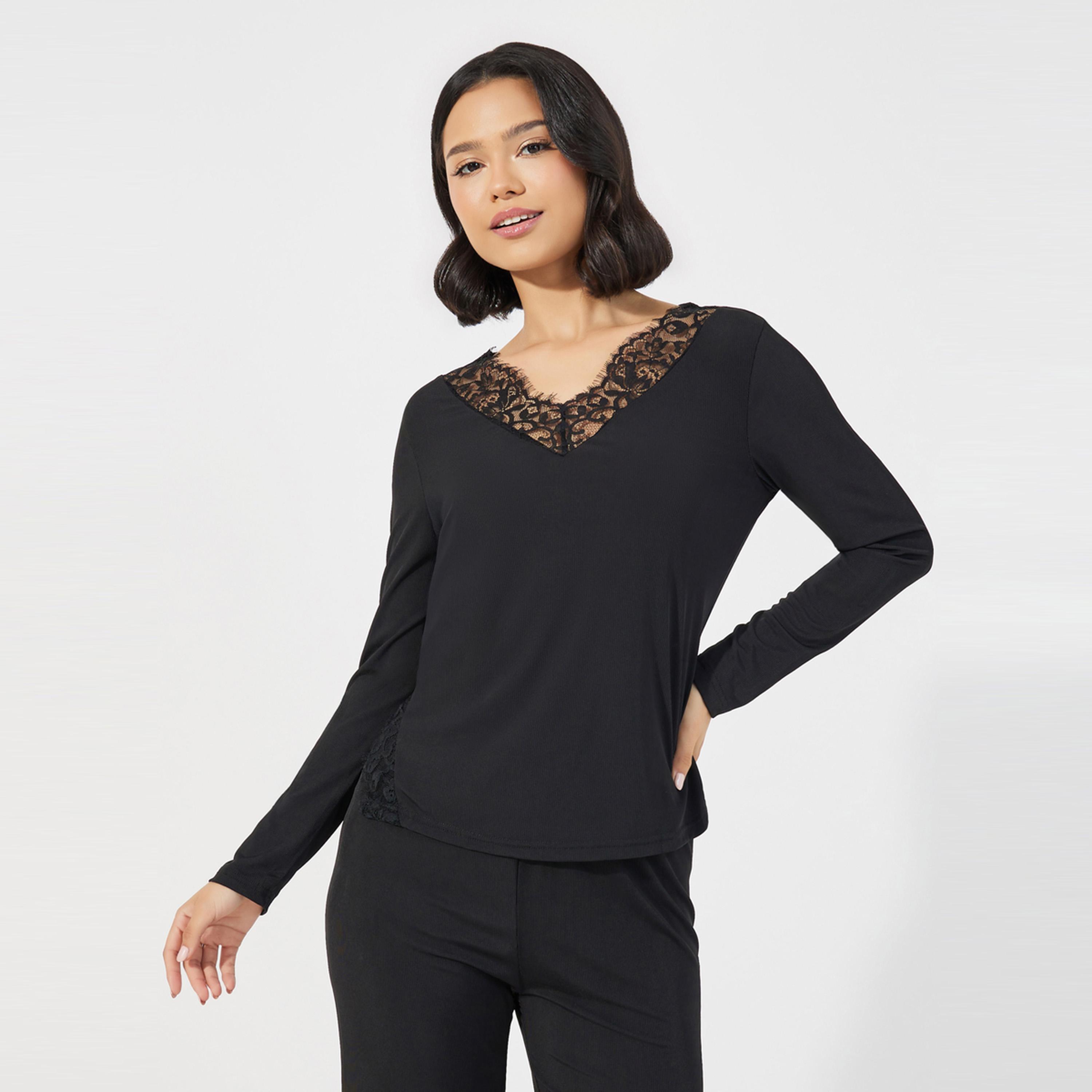 Styli Unwind Lace Insert V Neck Top & Pants Pyjama Set-women-clothing-nightwear-pyjamas-longsets-image-2