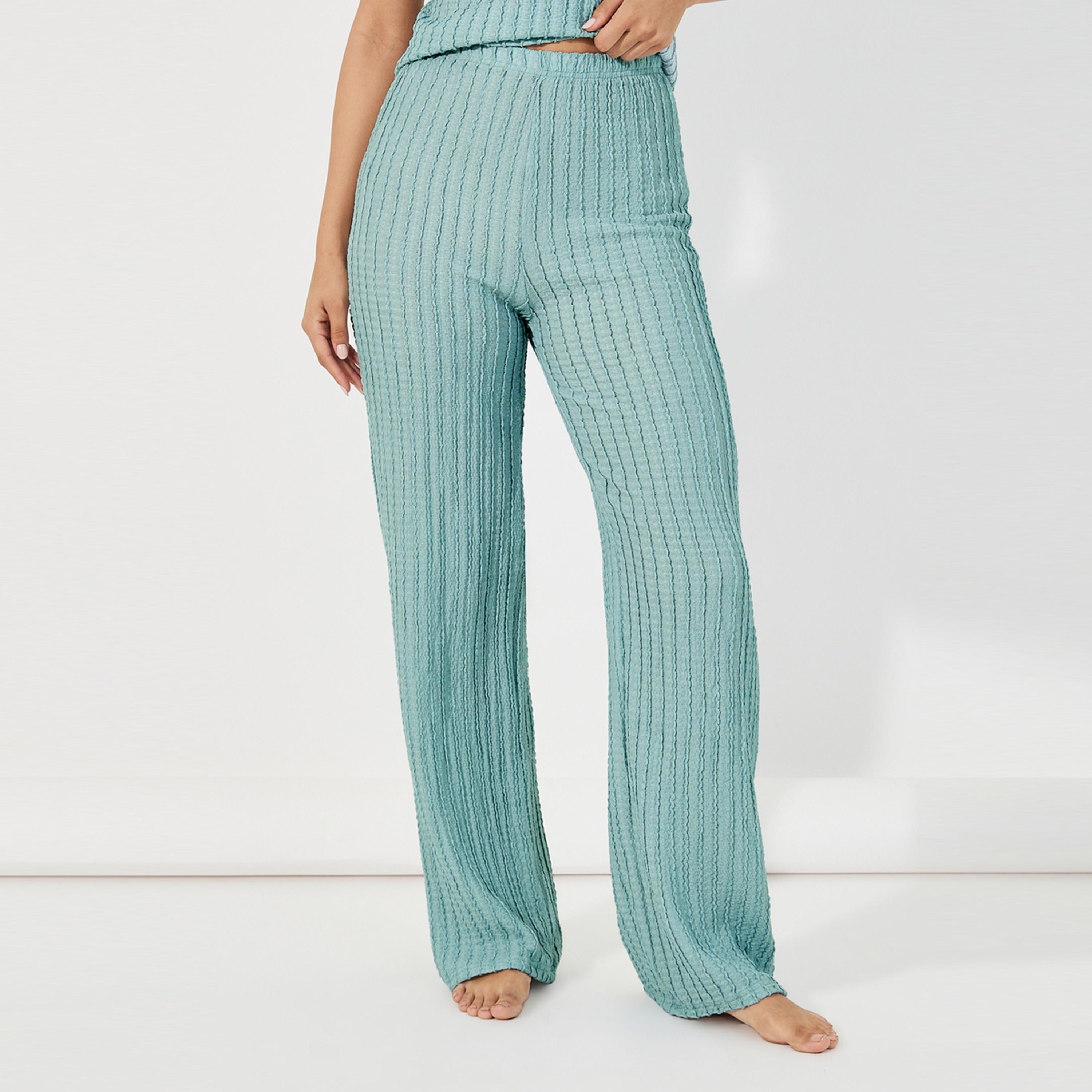 ستايلي - طقم بلوزة مضلعة بحواف دانتيل مع بنطال بيجامة أنوايند-women-clothing-nightwear-pyjamas-longsets-image-5