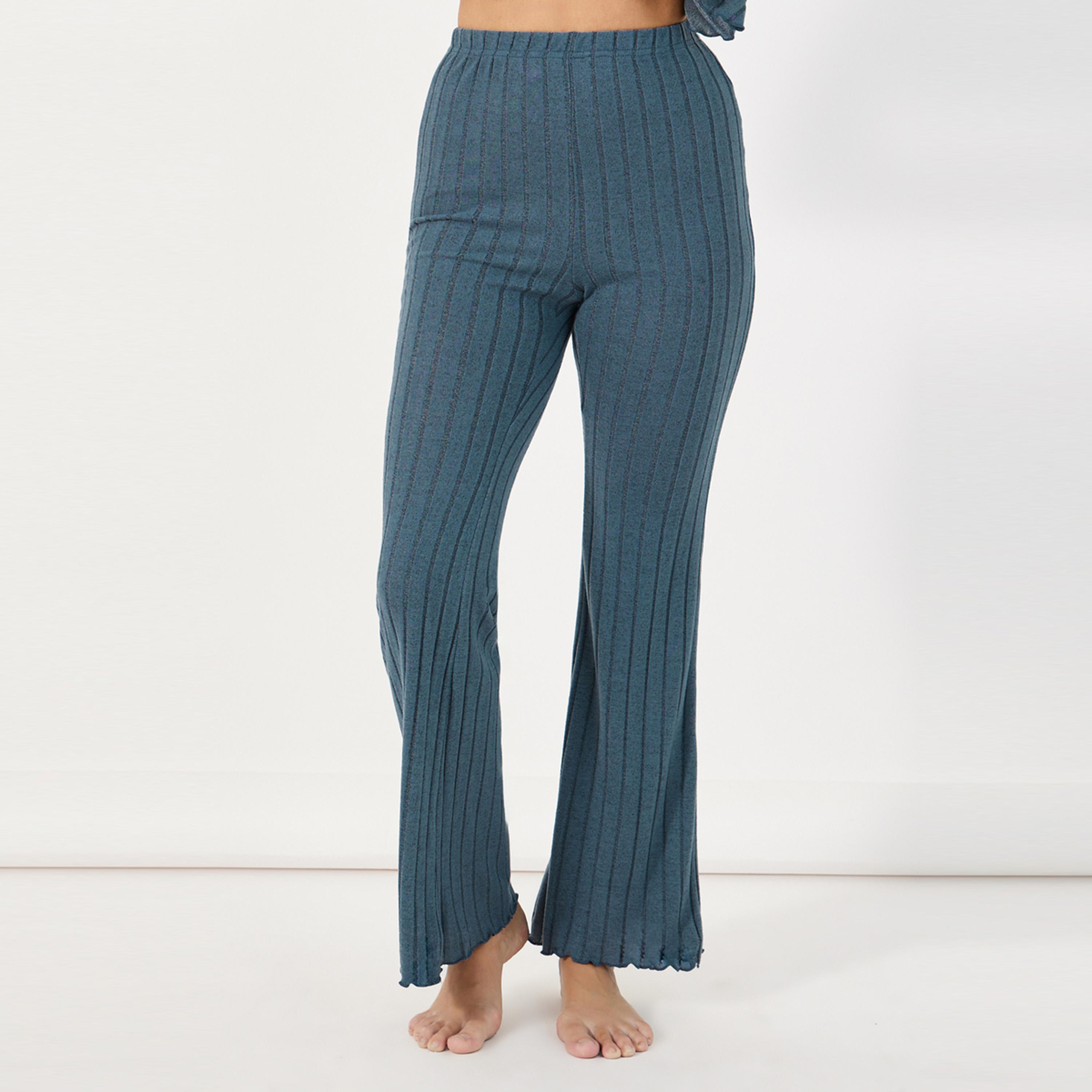 ستايلي - طقم بلوزة مضلعة بفتحة أمامية غير متماثلة مع بنطال بيجامة واسع أنوايند-women-clothing-nightwear-pyjamas-longsets-image-5