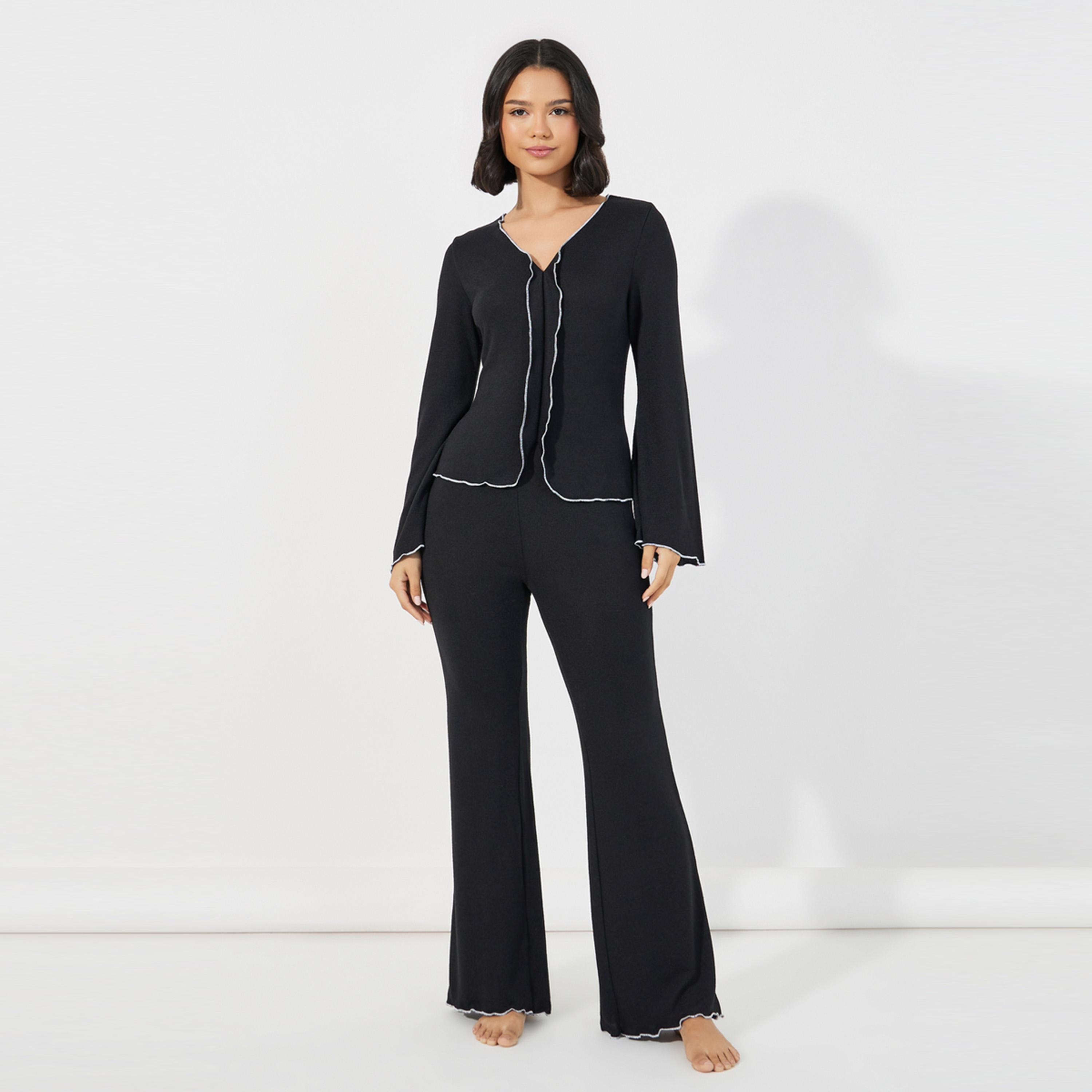 Styli Unwind Contrast Lettuce Hem V Neck Top & Flared Pants Pyjama Set-women-clothing-nightwear-pyjamas-longsets-image-1