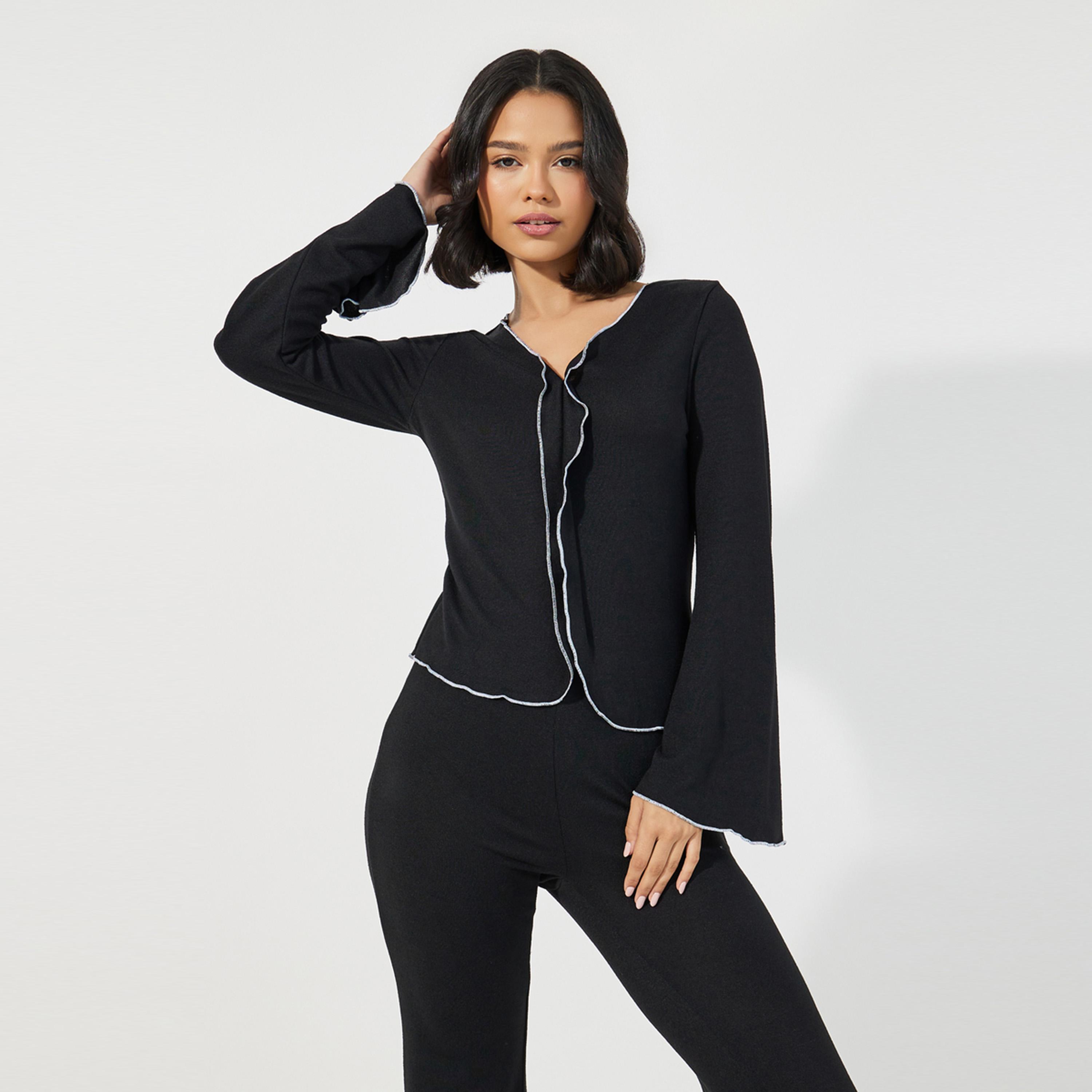 Styli Unwind Contrast Lettuce Hem V Neck Top & Flared Pants Pyjama Set-women-clothing-nightwear-pyjamas-longsets-image-2