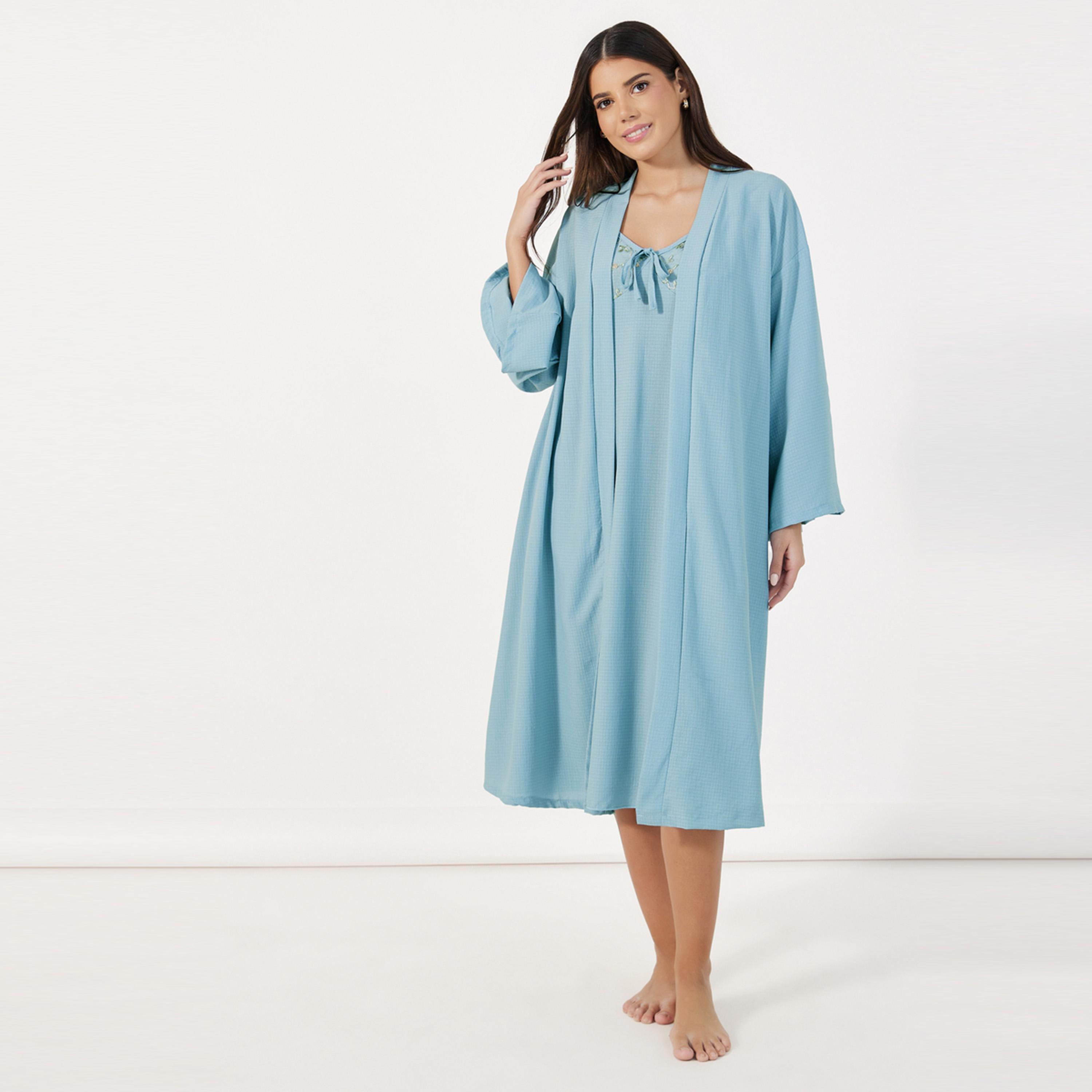 Styli Unwind Embroidered Ruffle Shoulders Slip Dress & Robe Set-women-clothing-nightwear-robes-image-1
