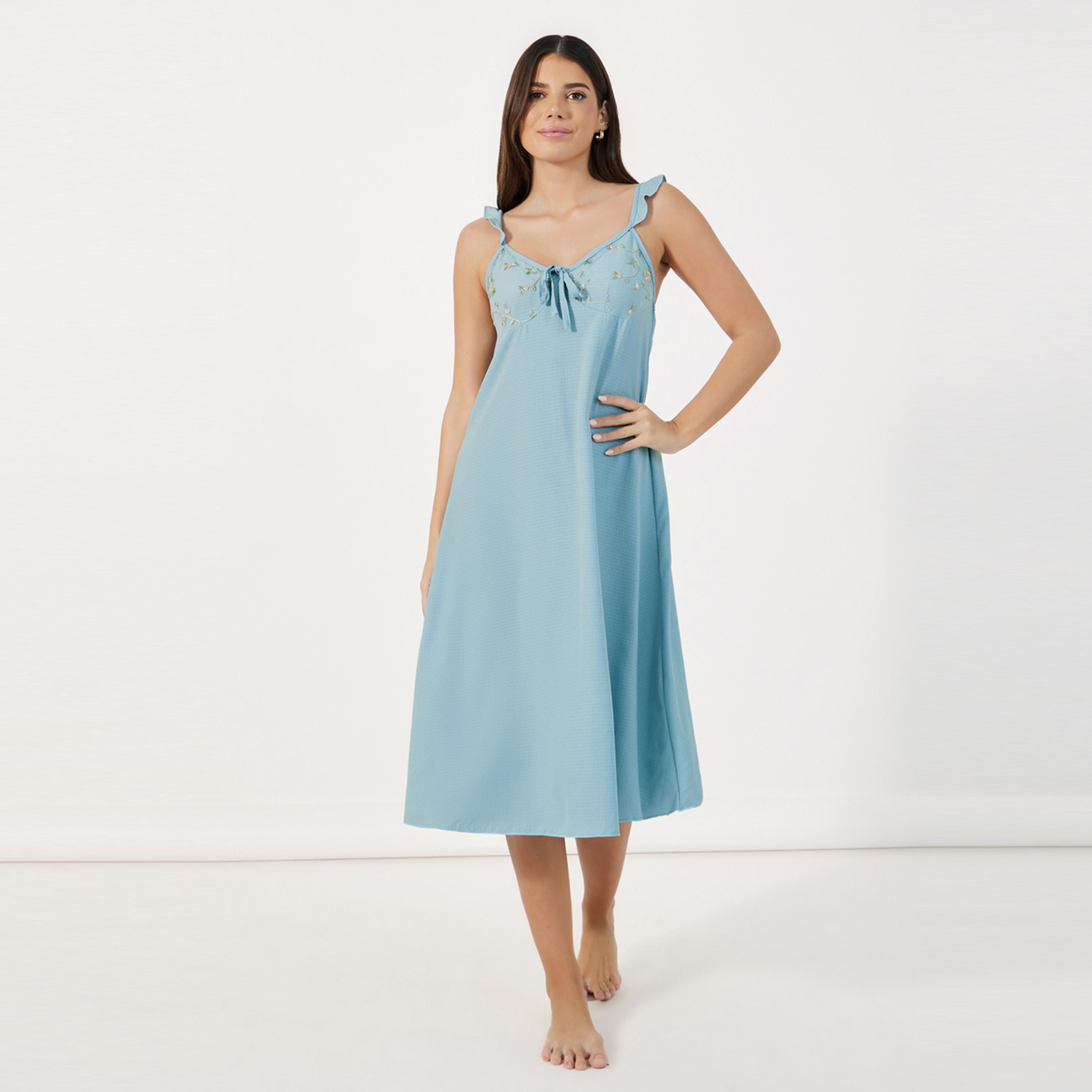 Styli Unwind Embroidered Ruffle Shoulders Slip Dress & Robe Set-women-clothing-nightwear-robes-image-2