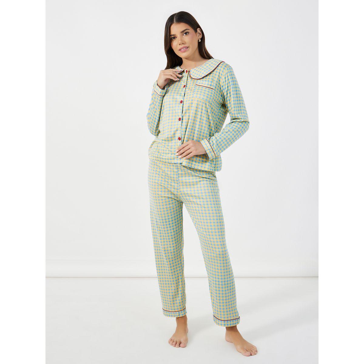 Take Two Checked Long Sleeves Shirt with Chest Pocket Detail and Pyjama Set-women-clothing-nightwear-pyjamas-longsets-image-1