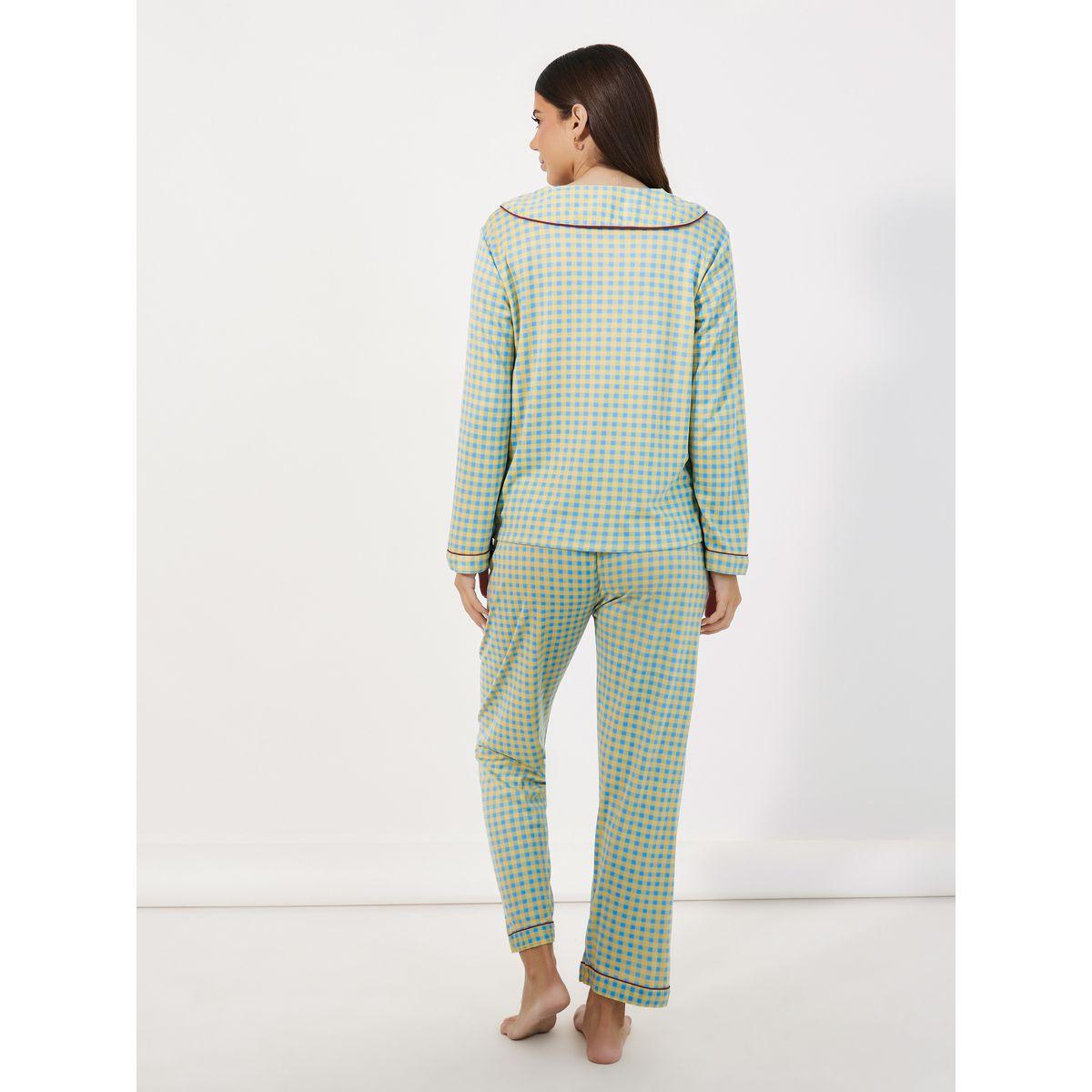 طقم من بنطال بيجاما مع بلوزة بطبعة مربعات وأكمام طويلة-women-clothing-nightwear-pyjamas-longsets-image-4