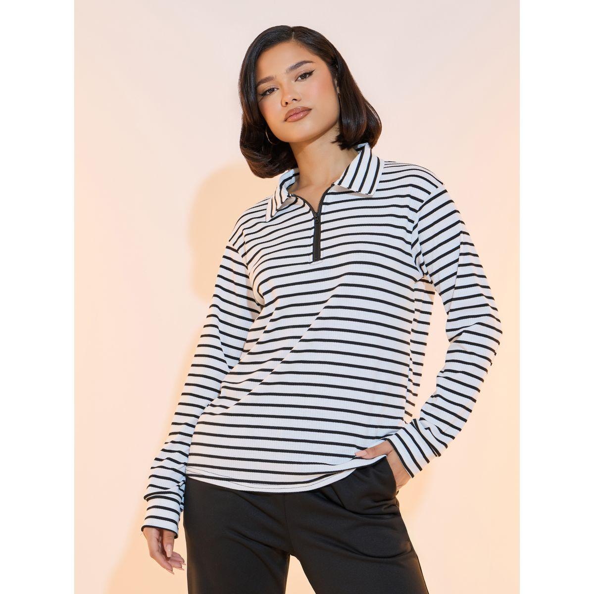 تيشيرت مخطط بنصف سحَّاب غلق وأكمام طويلة-women-clothing-tshirts-image-1