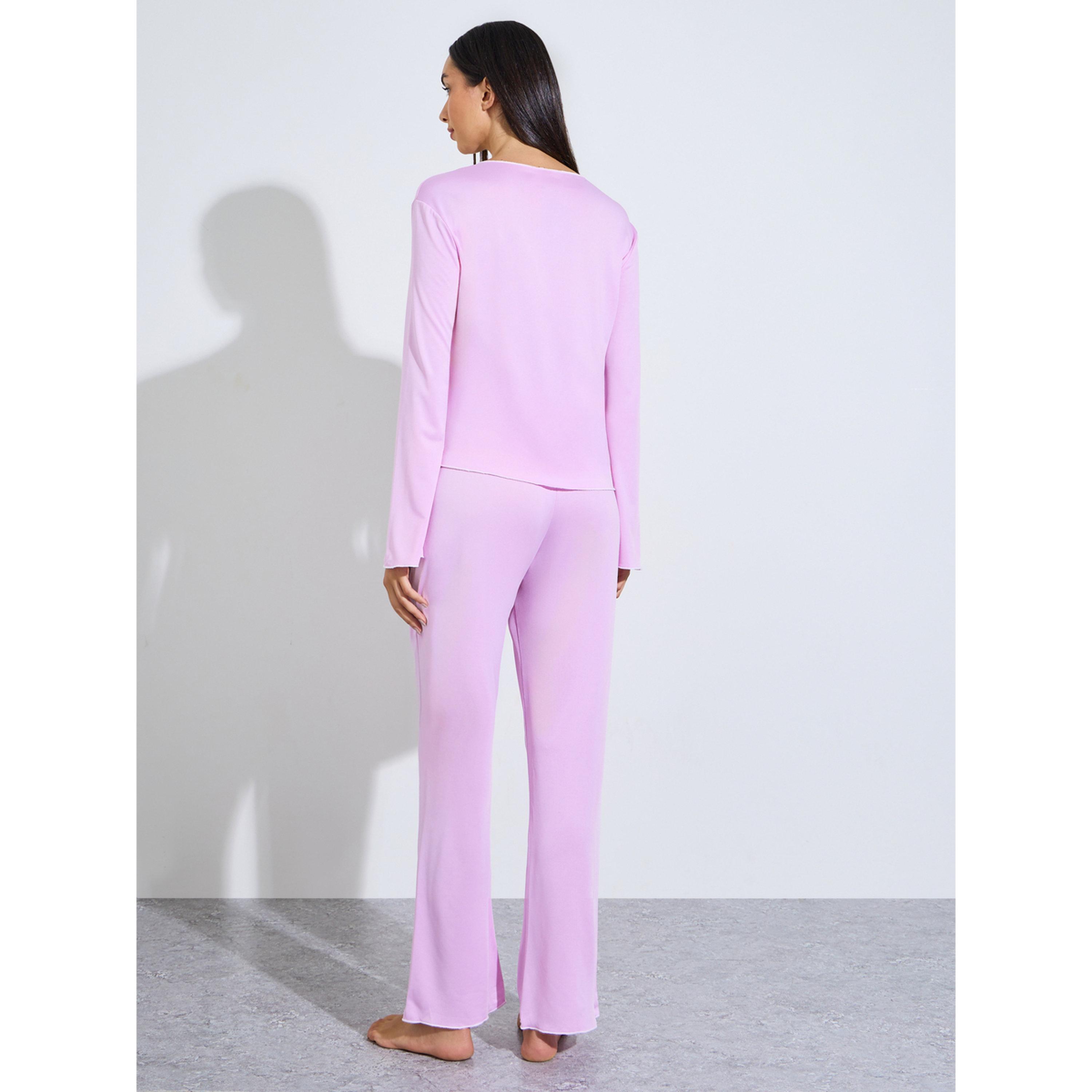 طقم بيجاما من بنطال بلوزة بتفاصيل فيونكة وأطراف متباينة باللون الوردي-women-clothing-nightwear-pyjamas-longsets-image-4