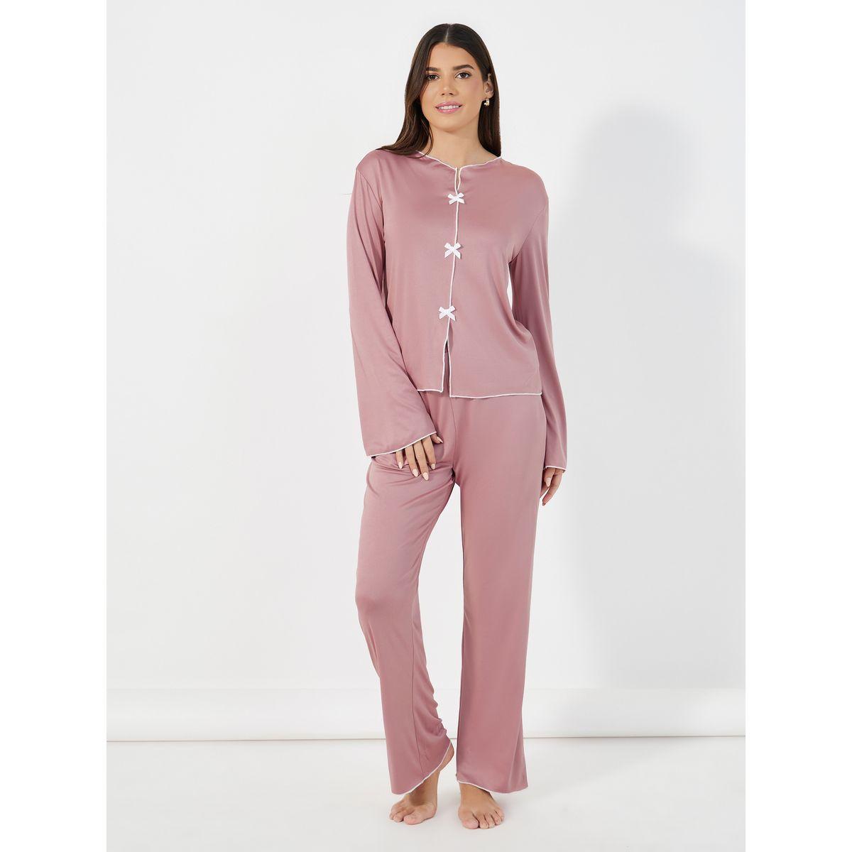 Take Two Contrast Edge Bow Detail Shirt and Pyjama Set-women-clothing-nightwear-pyjamas-longsets-image-1