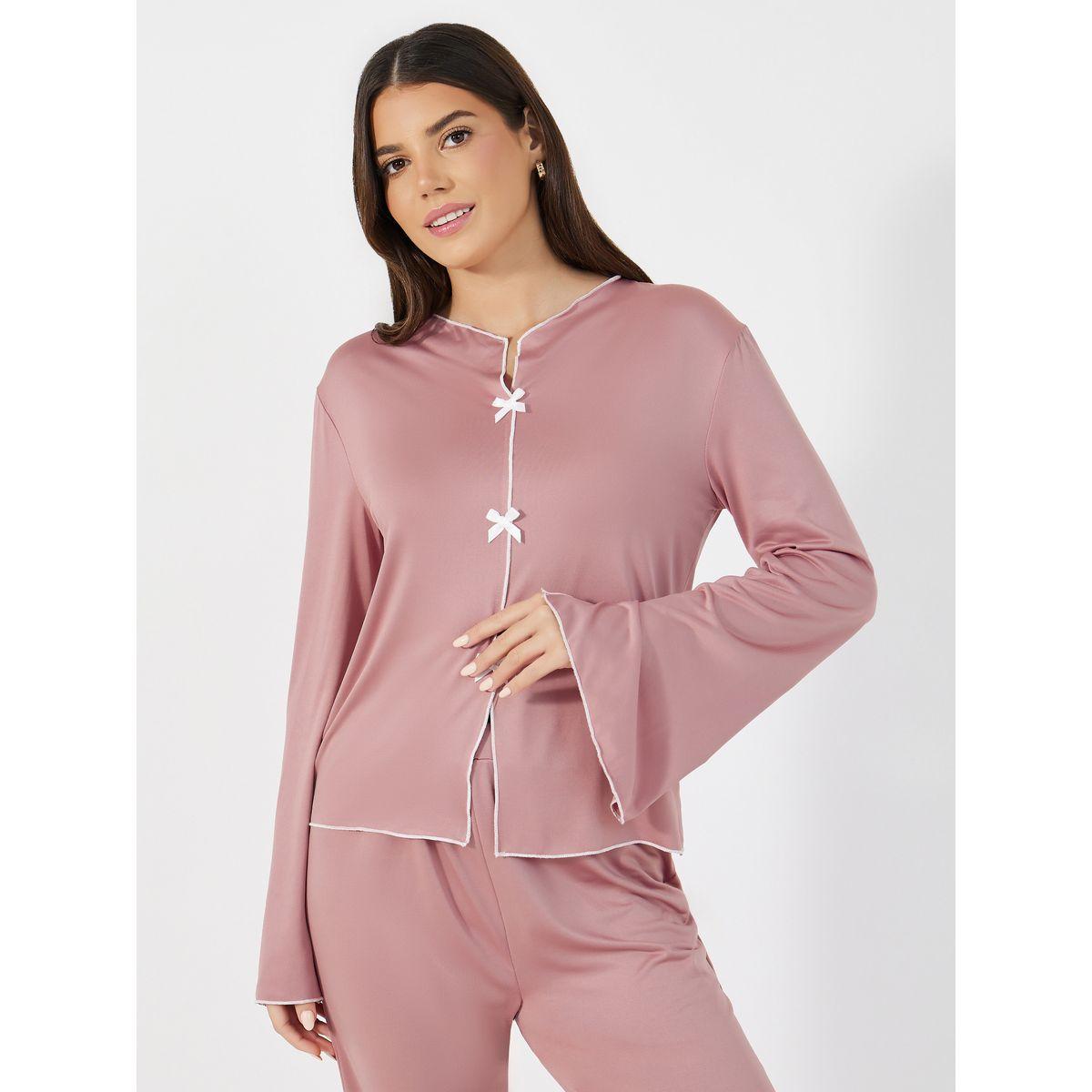 Take Two Contrast Edge Bow Detail Shirt and Pyjama Set-women-clothing-nightwear-pyjamas-longsets-image-2