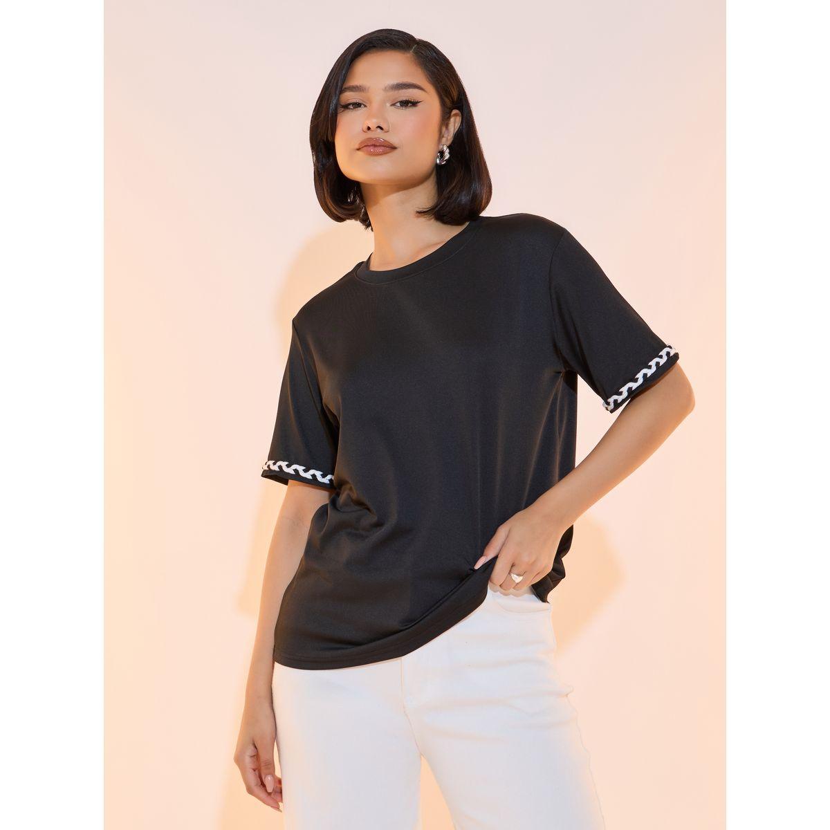 Take Two Braided Trim Detail Round Neck T-shirt-women-clothing-tshirts-image-1