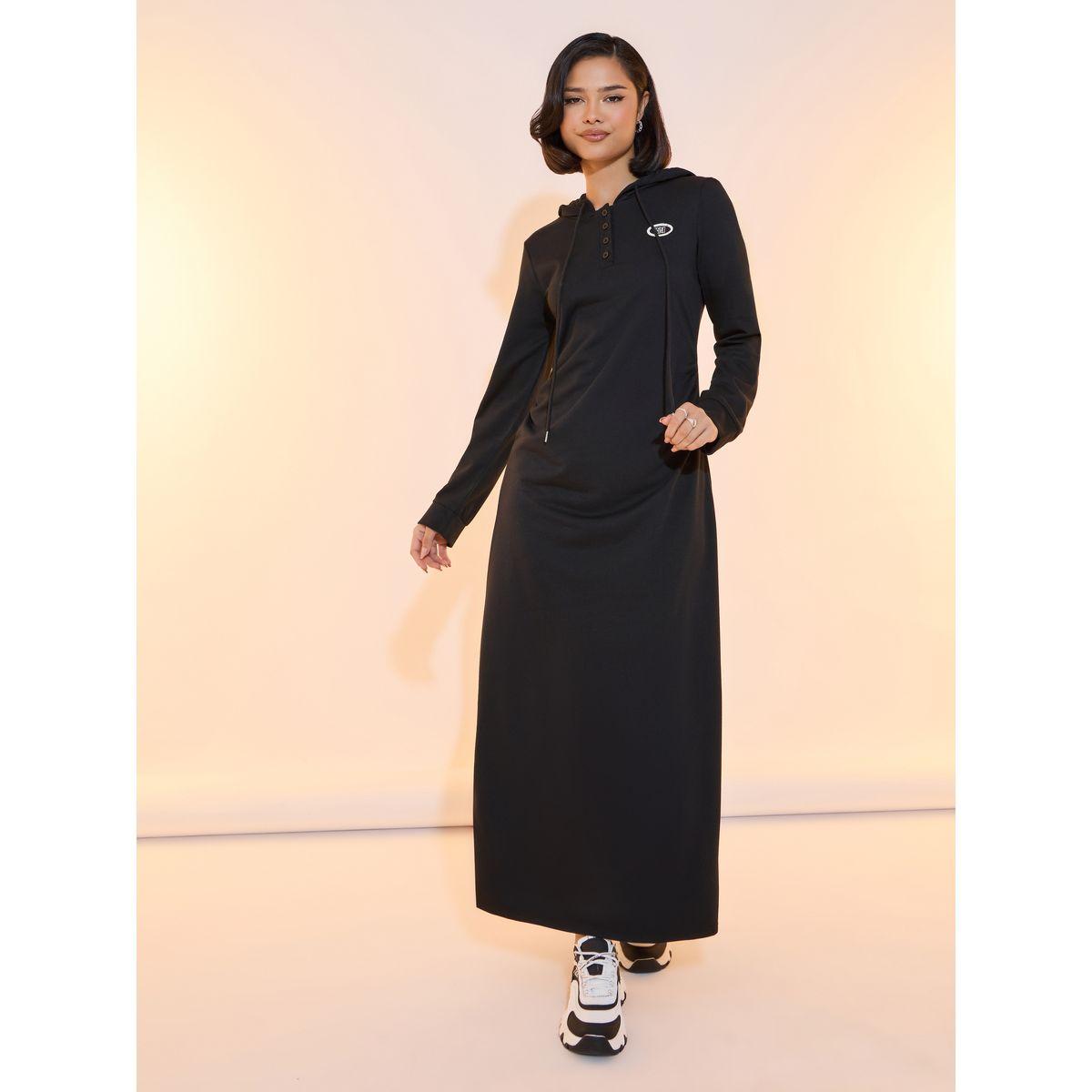 Take Two Solid Patch Detail Back Slit Hooded Maxi Dress-women-clothing-dresses-image-4
