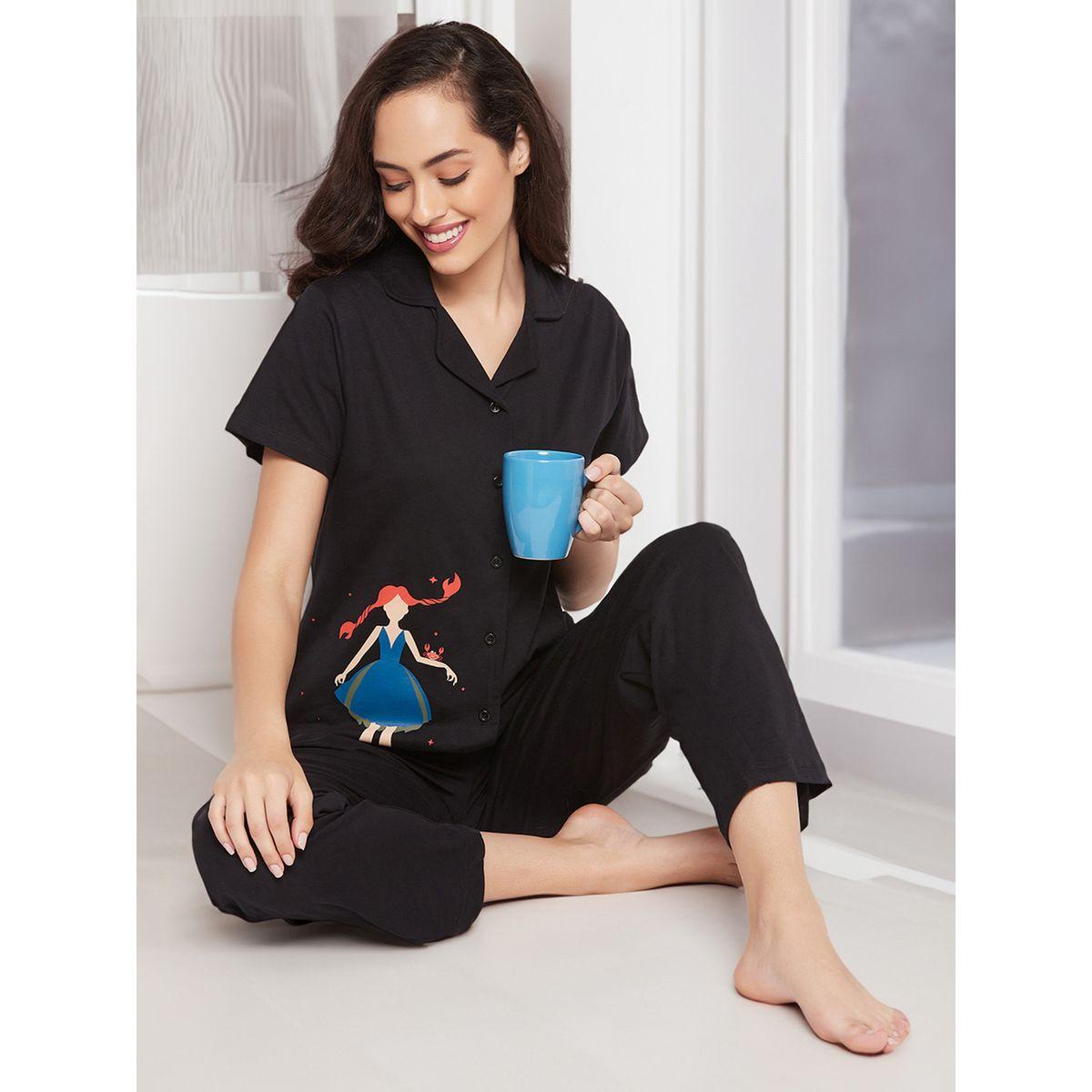 Clovia Cotton Girl Print Button Down Shirt & Pyjama Set-women-clothing-nightwear-pyjamas-longsets-image-1