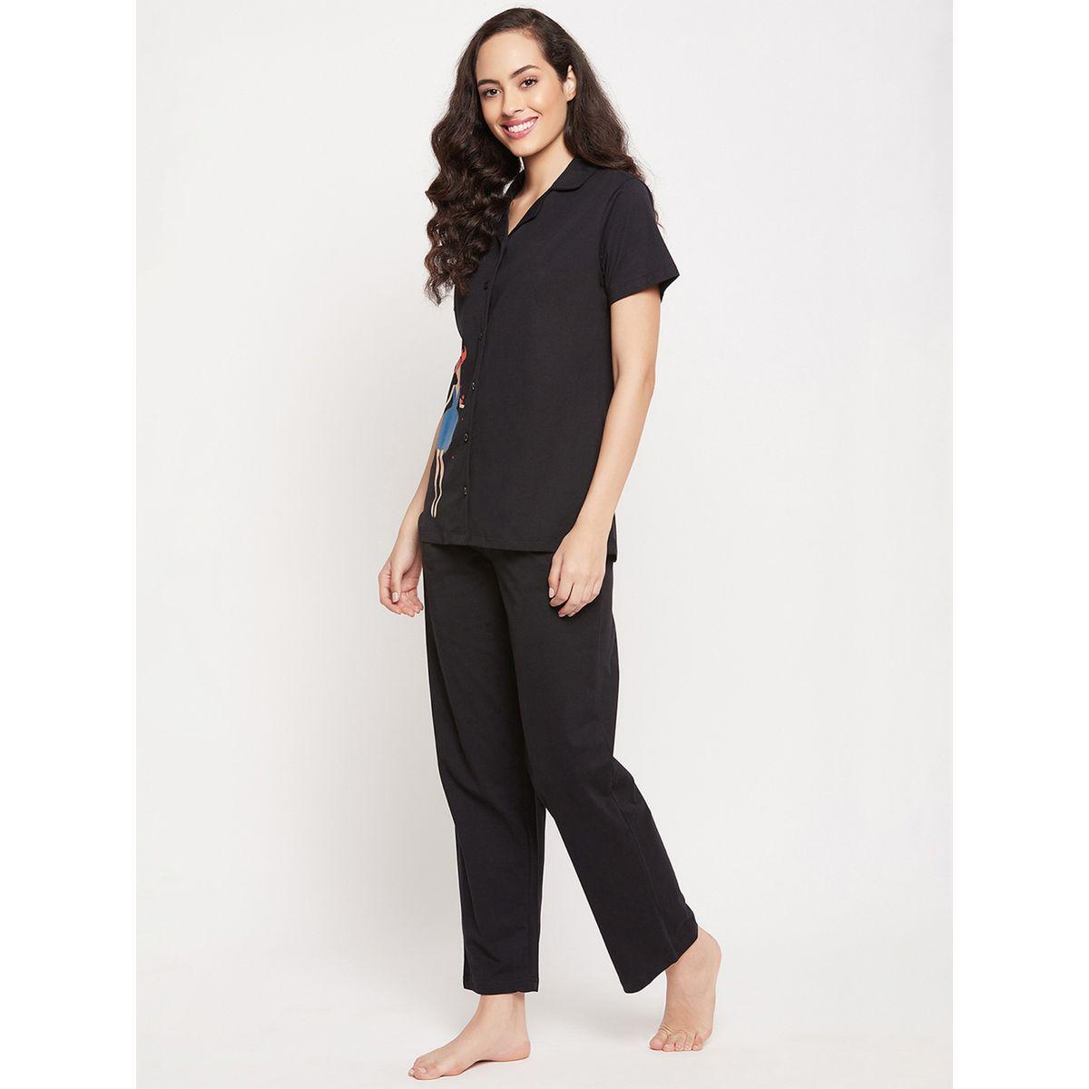 Clovia Cotton Girl Print Button Down Shirt & Pyjama Set-women-clothing-nightwear-pyjamas-longsets-image-2