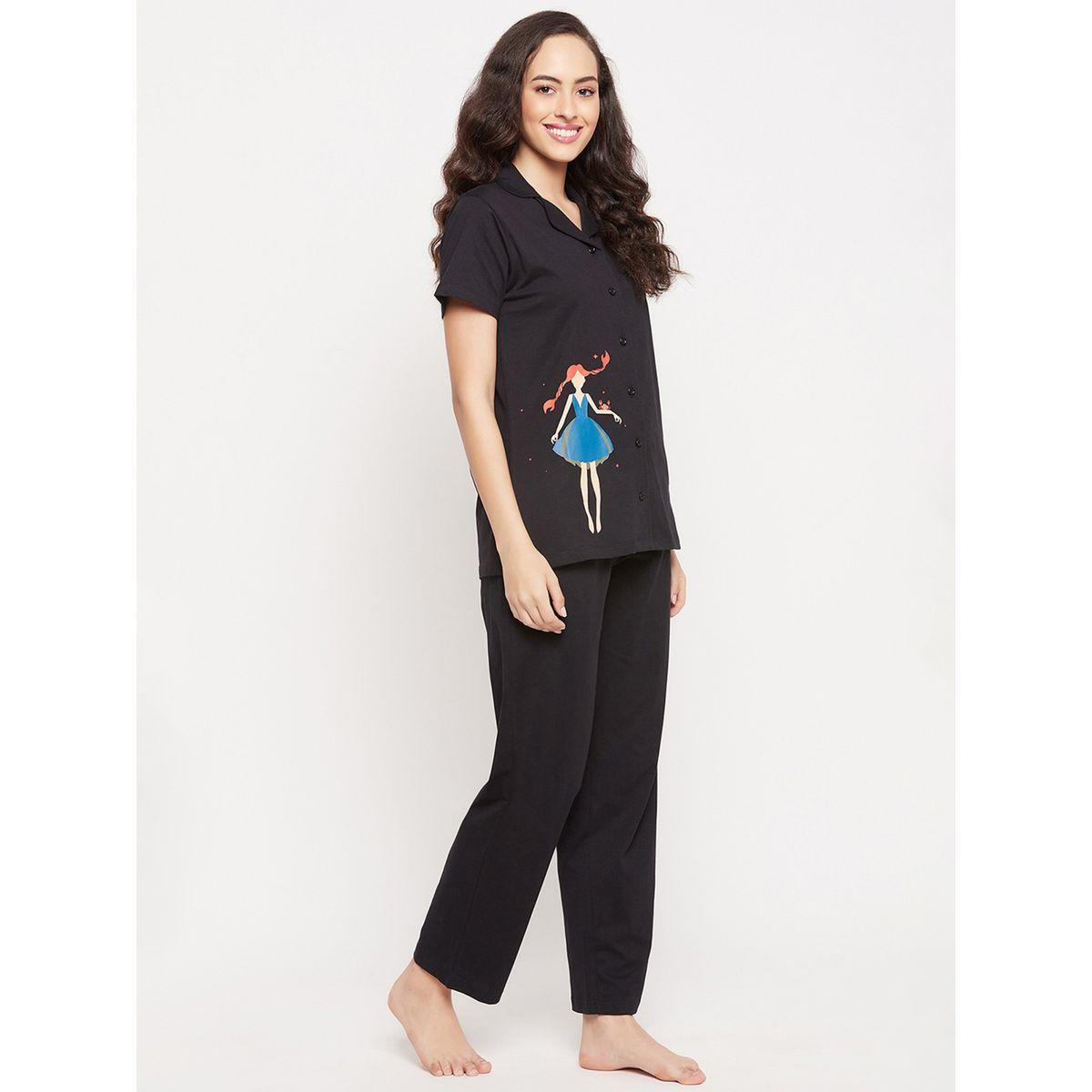 Clovia Cotton Girl Print Button Down Shirt & Pyjama Set-women-clothing-nightwear-pyjamas-longsets-image-3