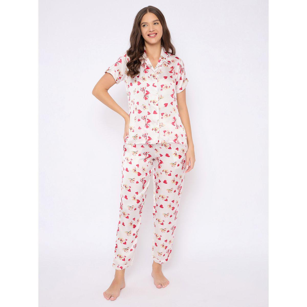 Clovia Heart & Floral Print Button Down Satin Shirt & Pyjama Set-women-clothing-nightwear-pyjamas-longsets-image-2