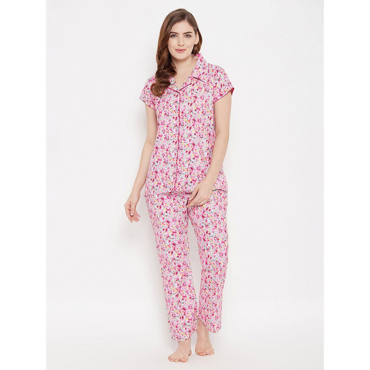 Clovia Cotton Floral Print Button Down Shirt & Pyjama Set-women-clothing-nightwear-pyjamas-longsets-image-1