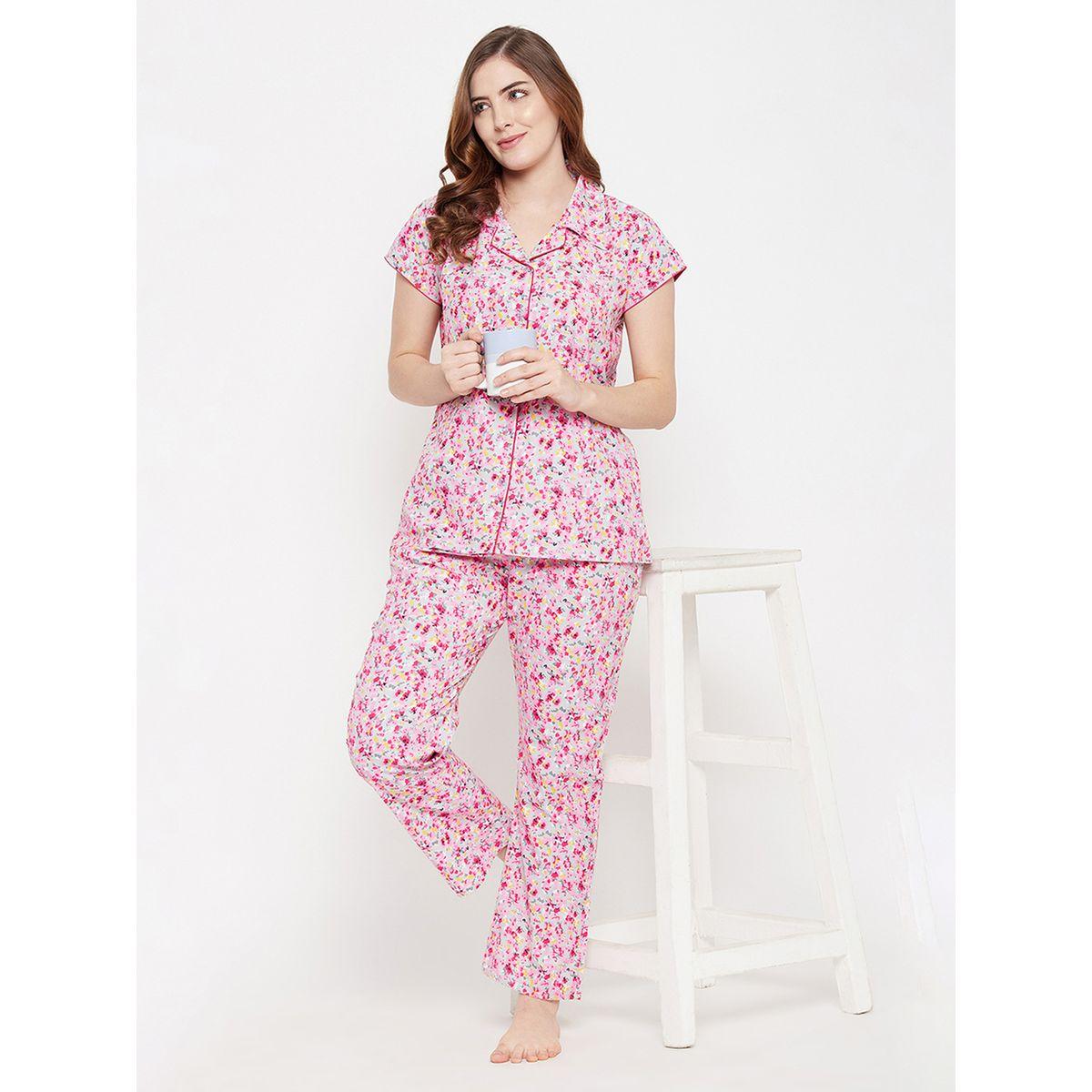 Clovia Cotton Floral Print Button Down Shirt & Pyjama Set-women-clothing-nightwear-pyjamas-longsets-image-2