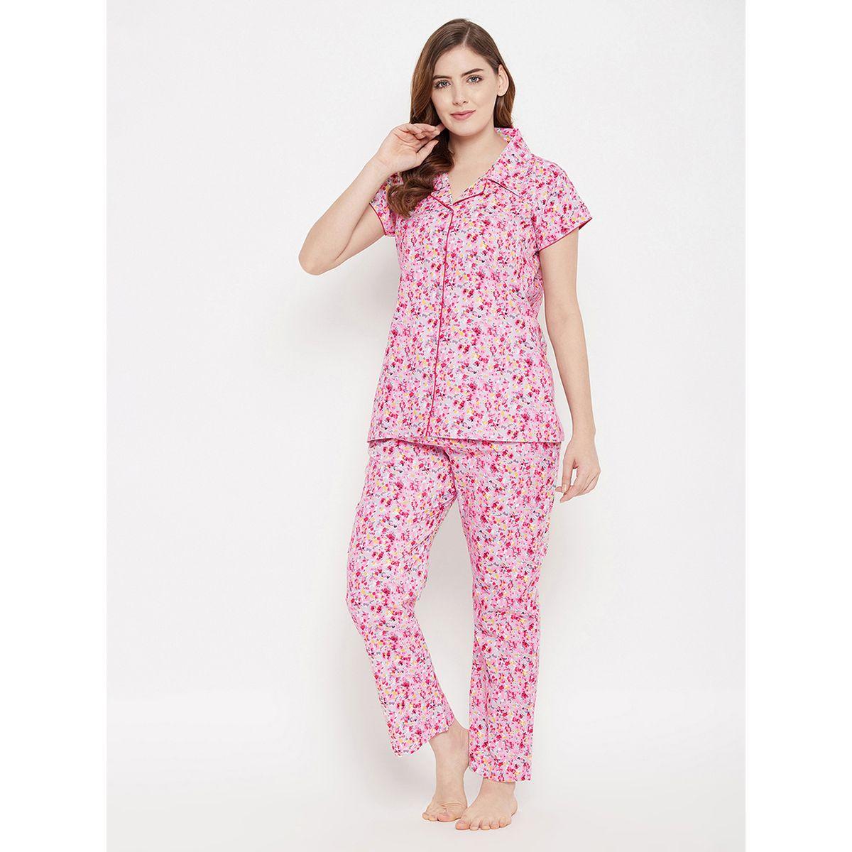 Clovia Cotton Floral Print Button Down Shirt & Pyjama Set-women-clothing-nightwear-pyjamas-longsets-image-3