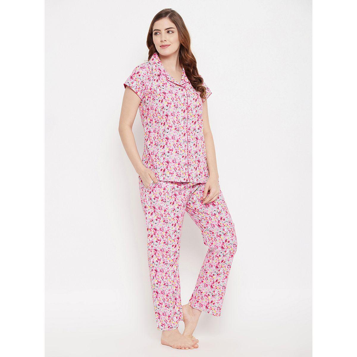 Clovia Cotton Floral Print Button Down Shirt & Pyjama Set-women-clothing-nightwear-pyjamas-longsets-image-4