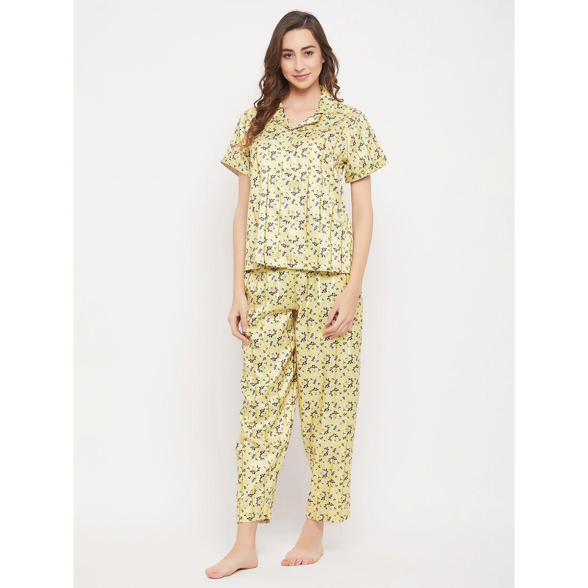Clovia Floral Print Button Down Satin Shirt & Pyjama Set-women-clothing-nightwear-pyjamas-longsets-image-1
