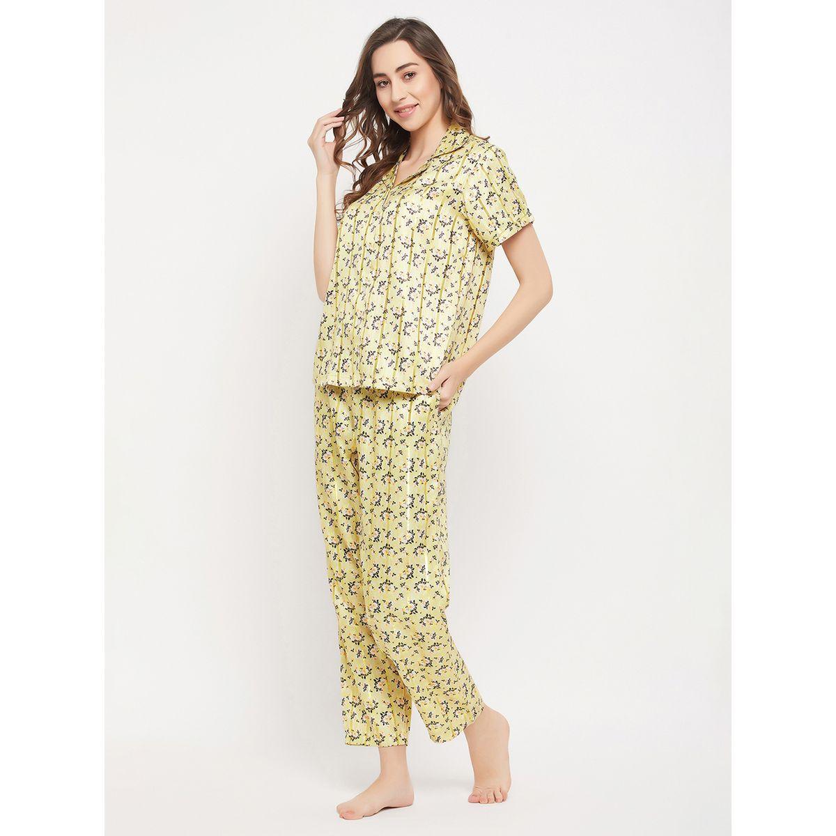 Clovia Floral Print Button Down Satin Shirt & Pyjama Set-women-clothing-nightwear-pyjamas-longsets-image-2