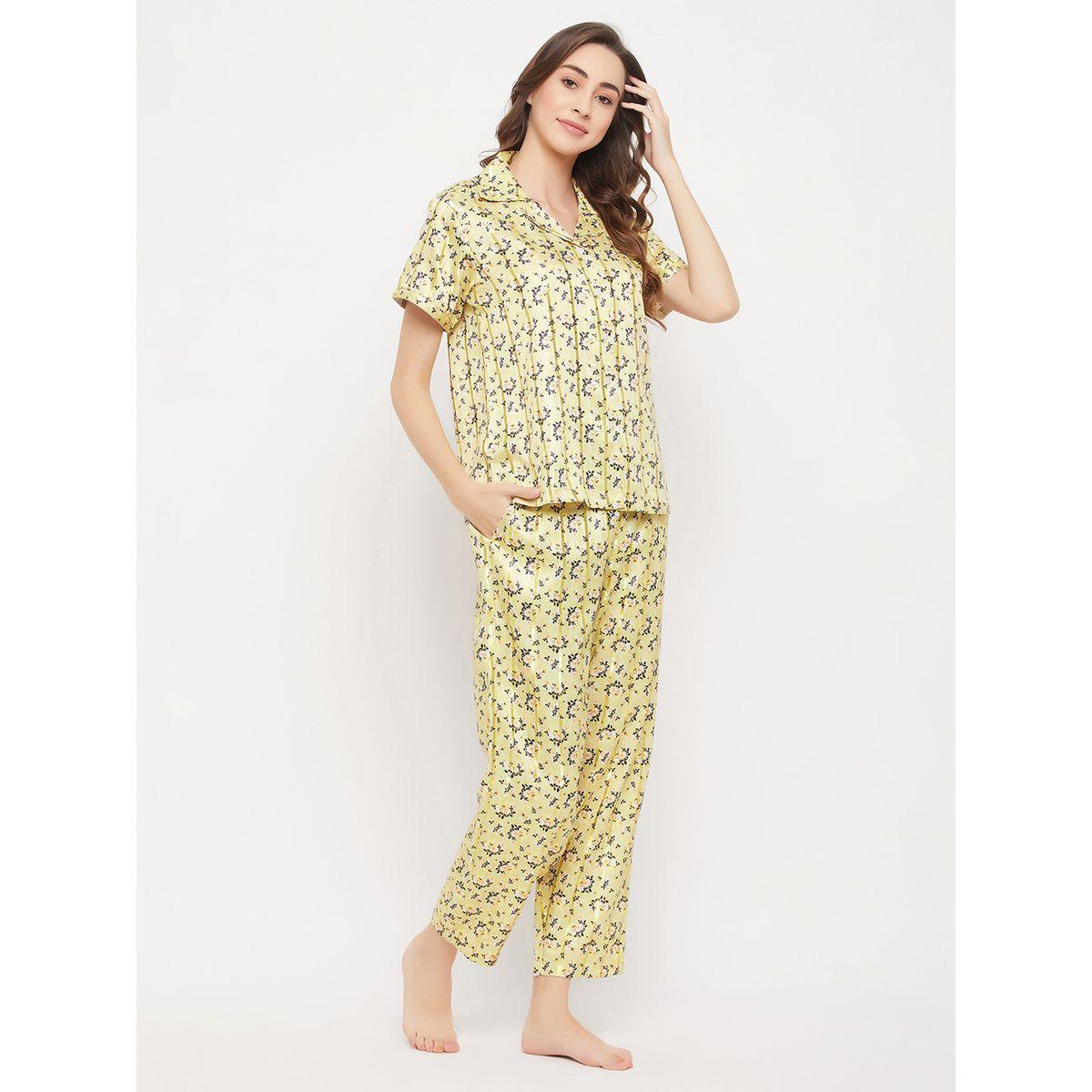 Clovia Floral Print Button Down Satin Shirt & Pyjama Set-women-clothing-nightwear-pyjamas-longsets-image-3