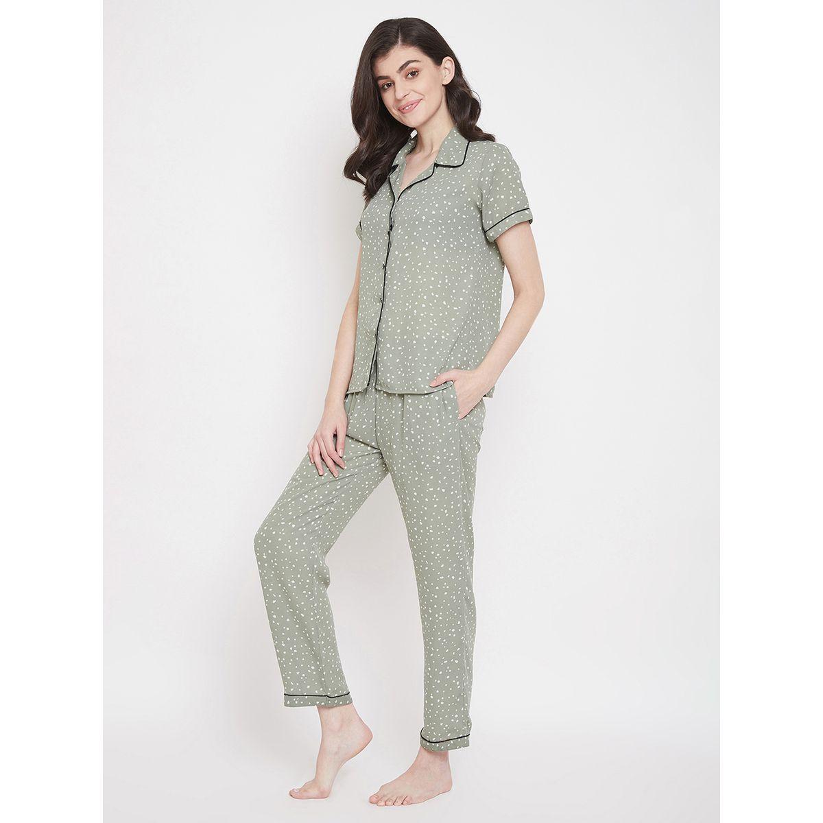 Clovia Spot Print Button Down Shirt & Pyjama Set-women-clothing-nightwear-pyjamas-longsets-image-3