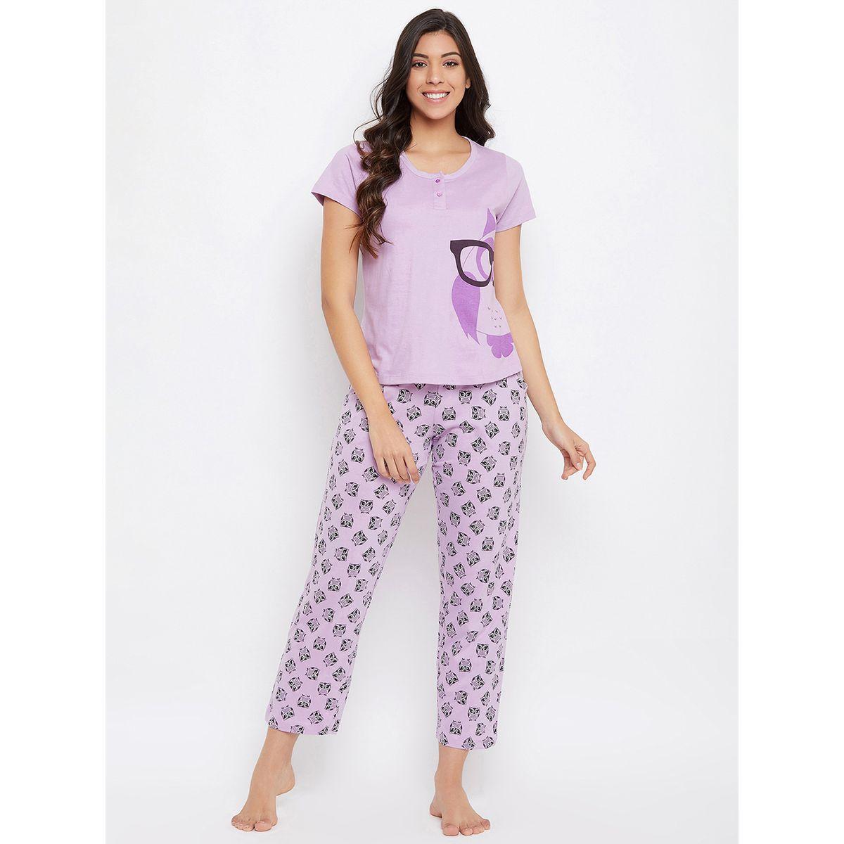 طقم من بنطال بيجاما مع تيشيرت بطبعة بومة-women-clothing-nightwear-pyjamas-longsets-image-1