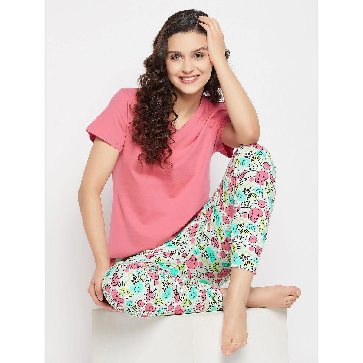Clovia Cotton V Neck T-Shirt & Graphic Print Pyjama Set-women-clothing-nightwear-pyjamas-longsets-image-1