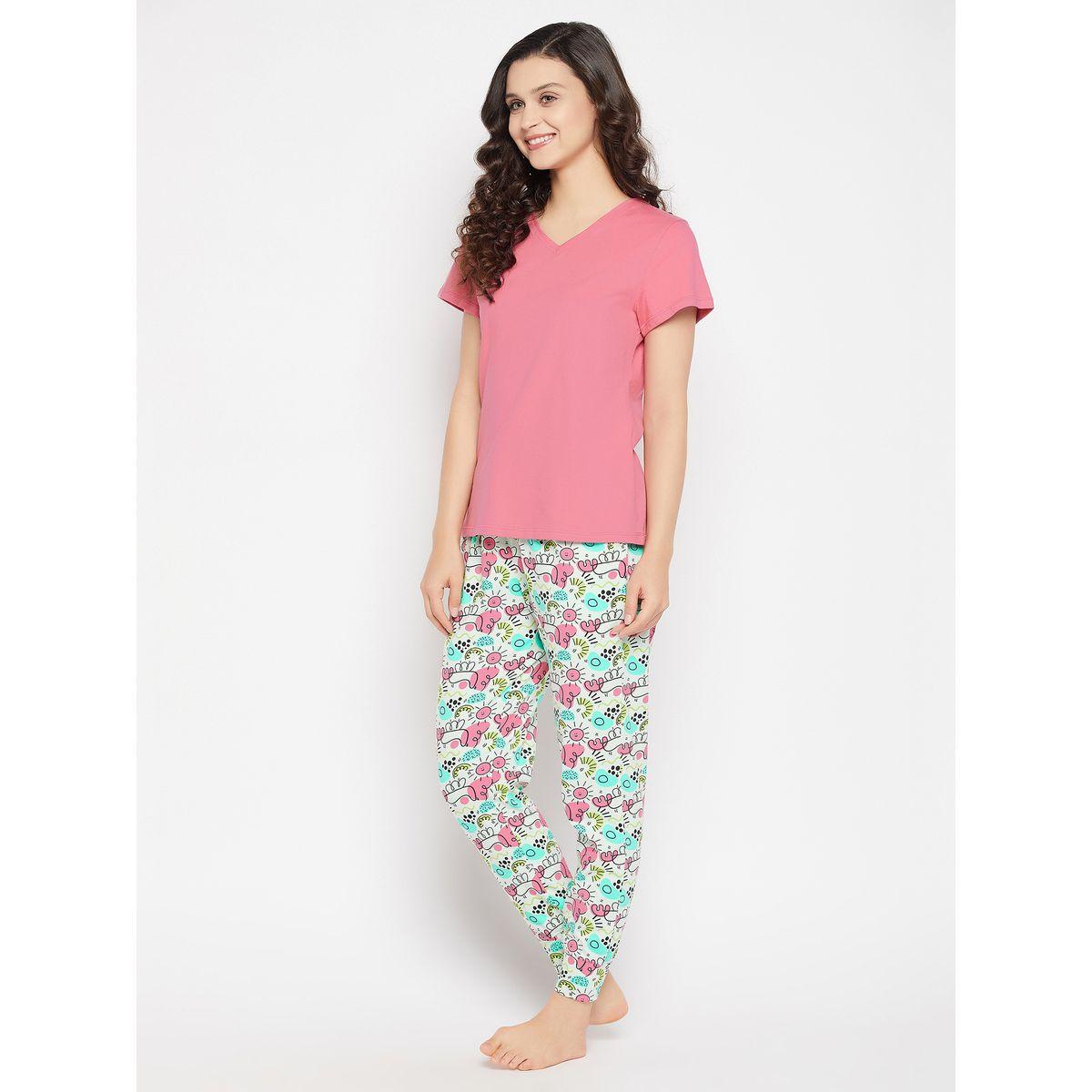 Clovia Cotton V Neck T-Shirt & Graphic Print Pyjama Set-women-clothing-nightwear-pyjamas-longsets-image-4