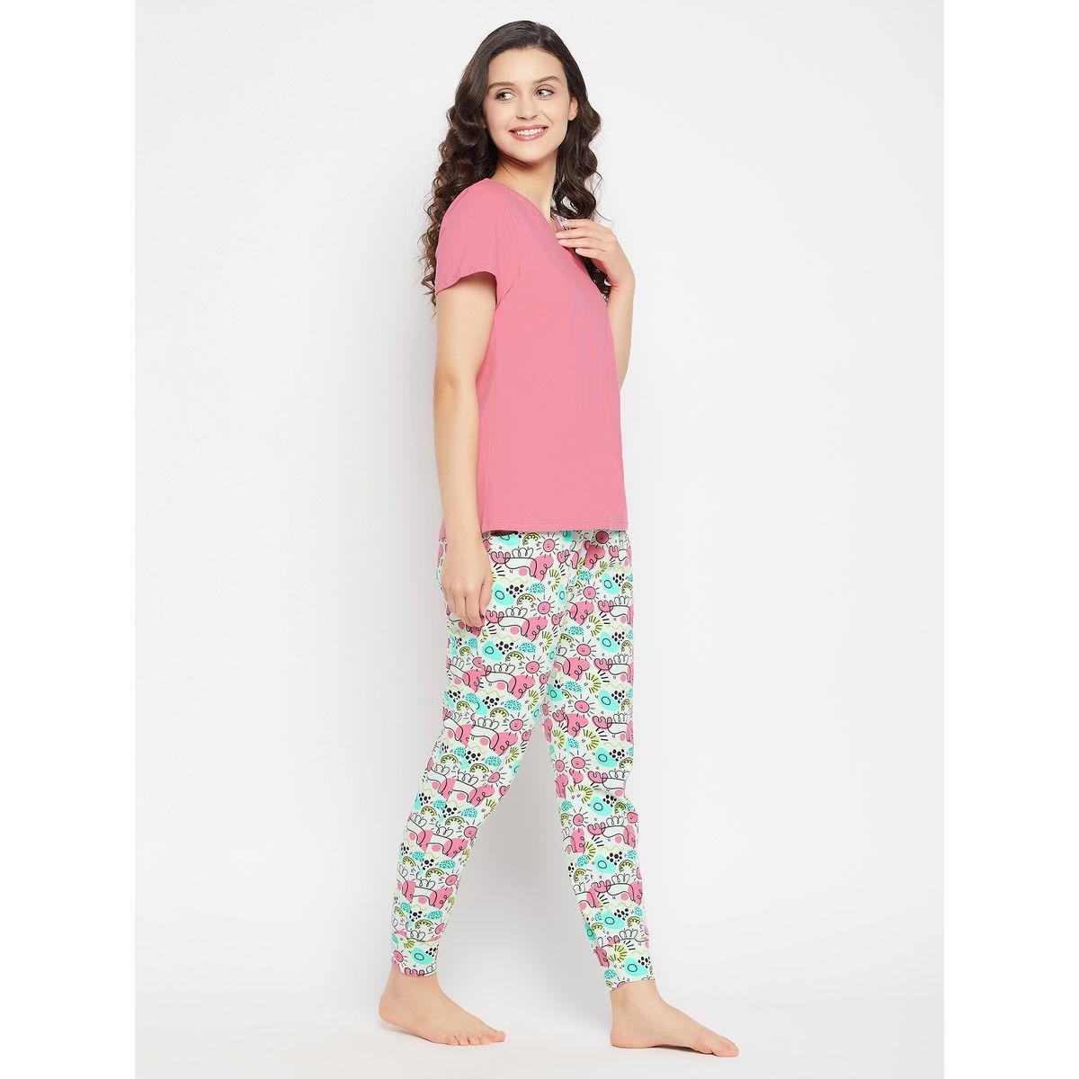 Clovia Cotton V Neck T-Shirt & Graphic Print Pyjama Set-women-clothing-nightwear-pyjamas-longsets-image-5