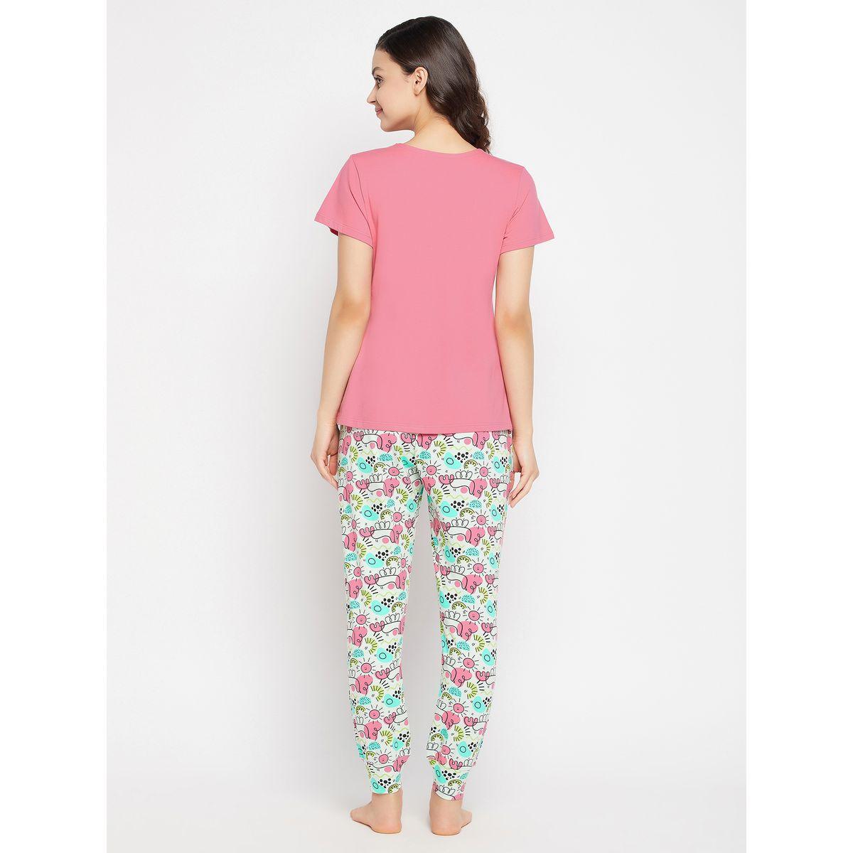 Clovia Cotton V Neck T-Shirt & Graphic Print Pyjama Set-women-clothing-nightwear-pyjamas-longsets-image-6
