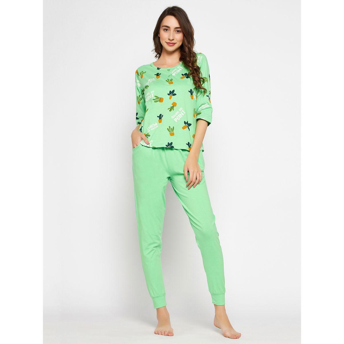 Clovia Cotton Cactus Print Top & Cuffed Pyjama Set-women-clothing-nightwear-pyjamas-longsets-image-2
