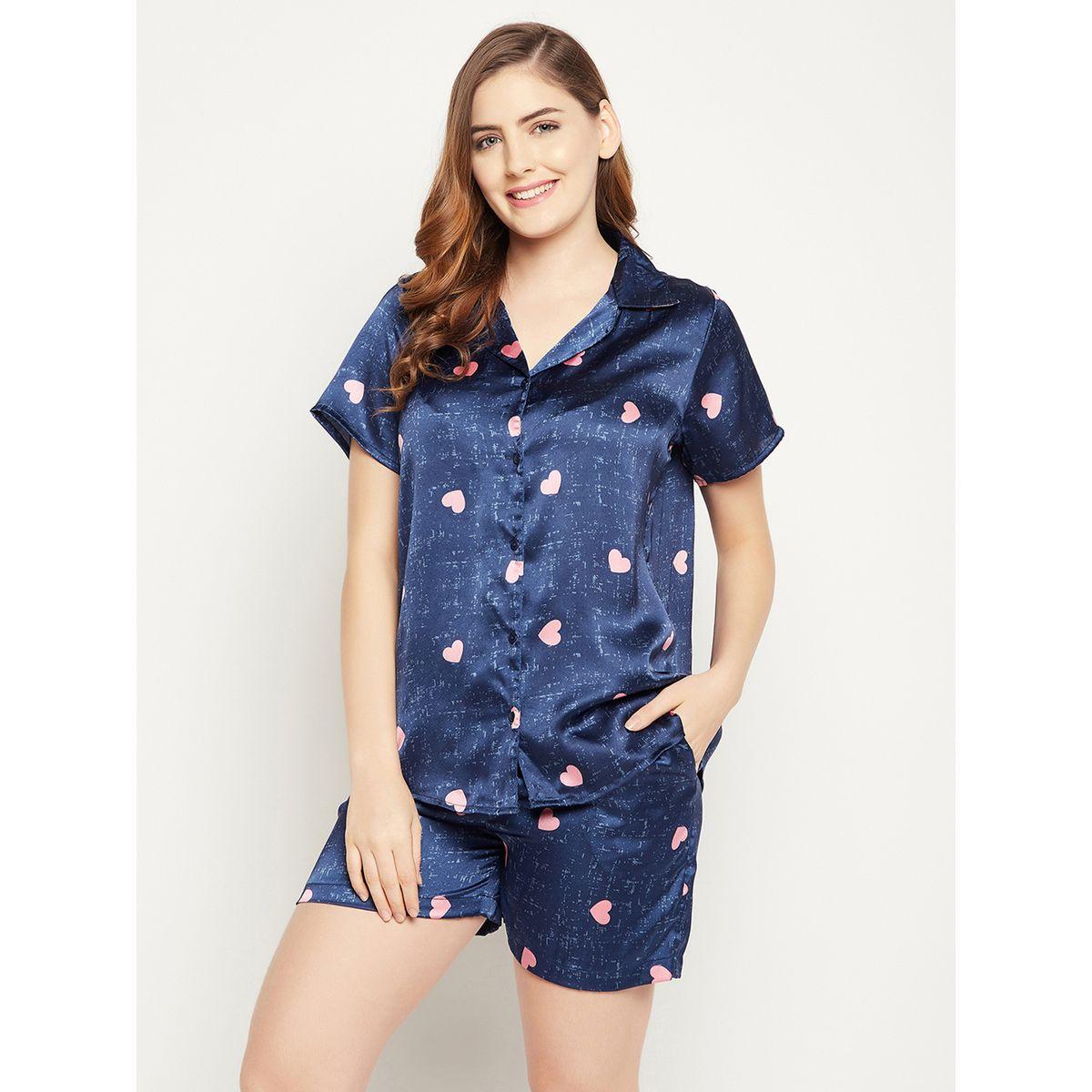 Clovia Heart Print Button Down Shirt & Shorts Set-women-clothing-nightwear-pyjamas-shortsets-image-3