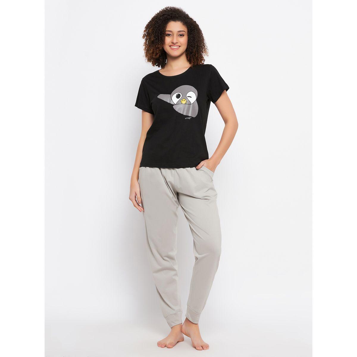 Clovia Cotton Penguin Graphic Print T-Shirt & Solid Jogger Set-women-clothing-nightwear-pyjamas-longsets-image-2