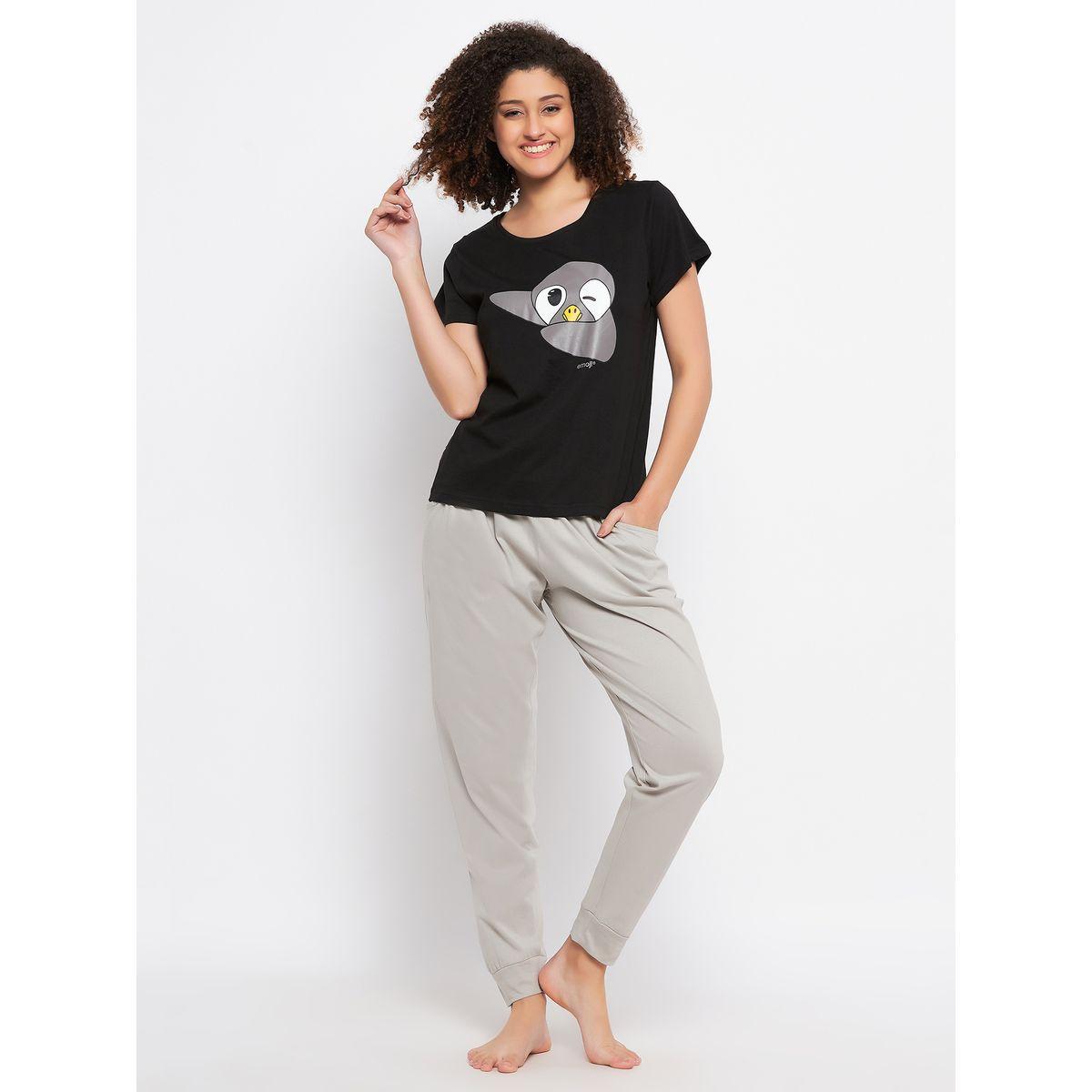 Clovia Cotton Penguin Graphic Print T-Shirt & Solid Jogger Set-women-clothing-nightwear-pyjamas-longsets-image-3