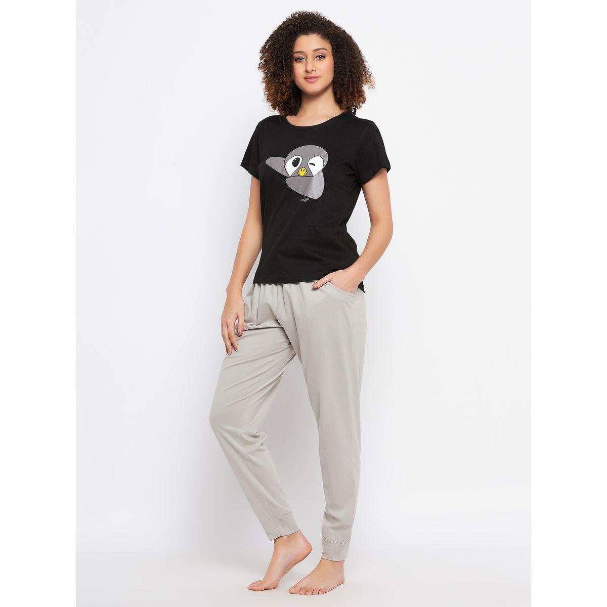 Clovia Cotton Penguin Graphic Print T-Shirt & Solid Jogger Set-women-clothing-nightwear-pyjamas-longsets-image-4