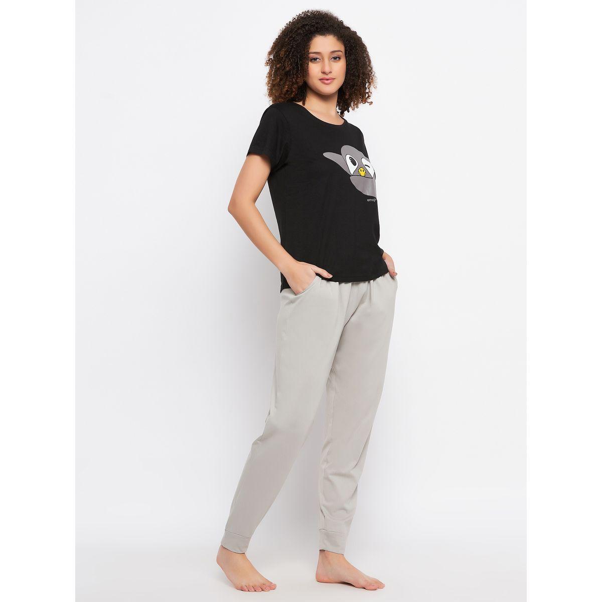 Clovia Cotton Penguin Graphic Print T-Shirt & Solid Jogger Set-women-clothing-nightwear-pyjamas-longsets-image-5