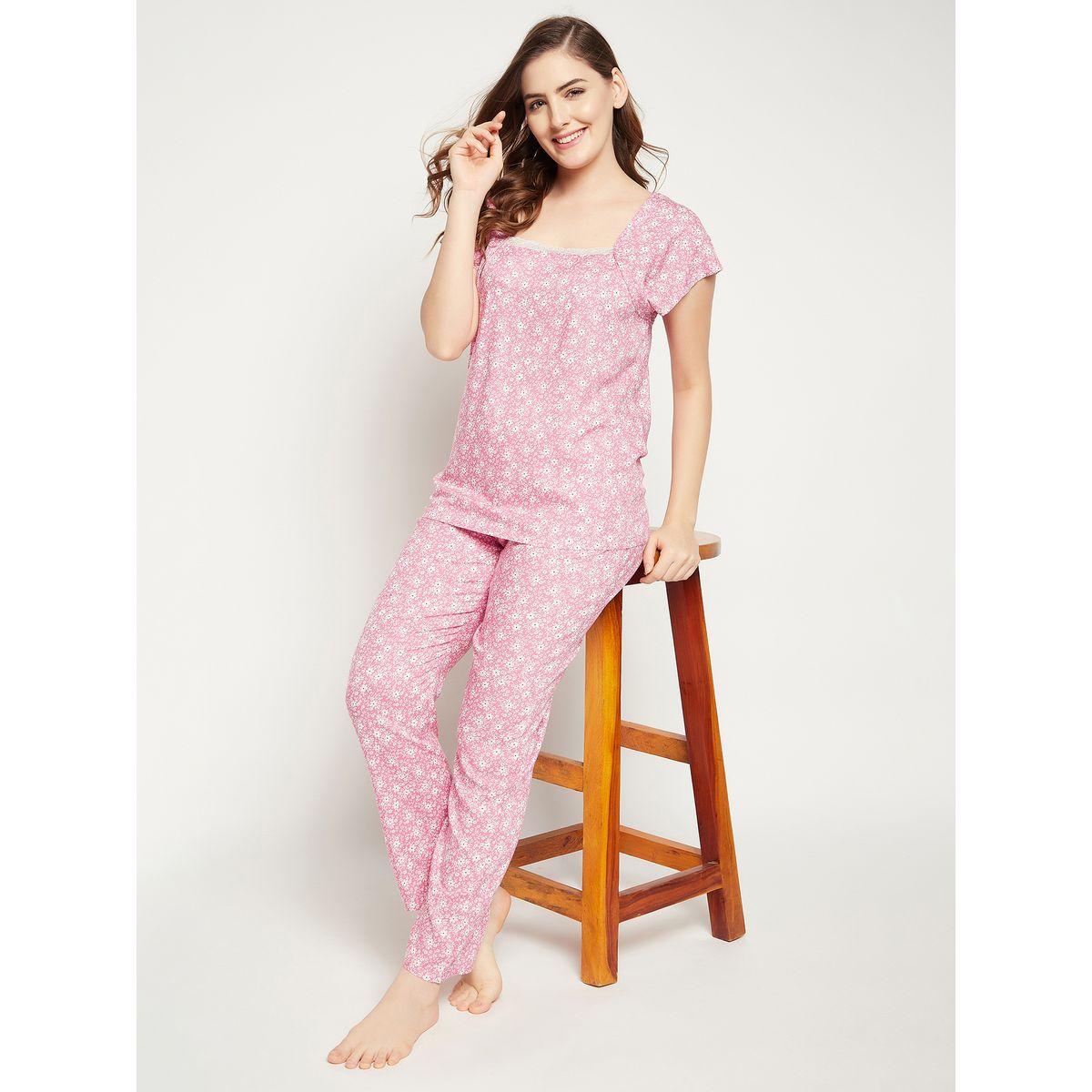 Clovia Cotton Floral Print Square Neck Top & Pyjama Set-women-clothing-nightwear-pyjamas-longsets-image-1