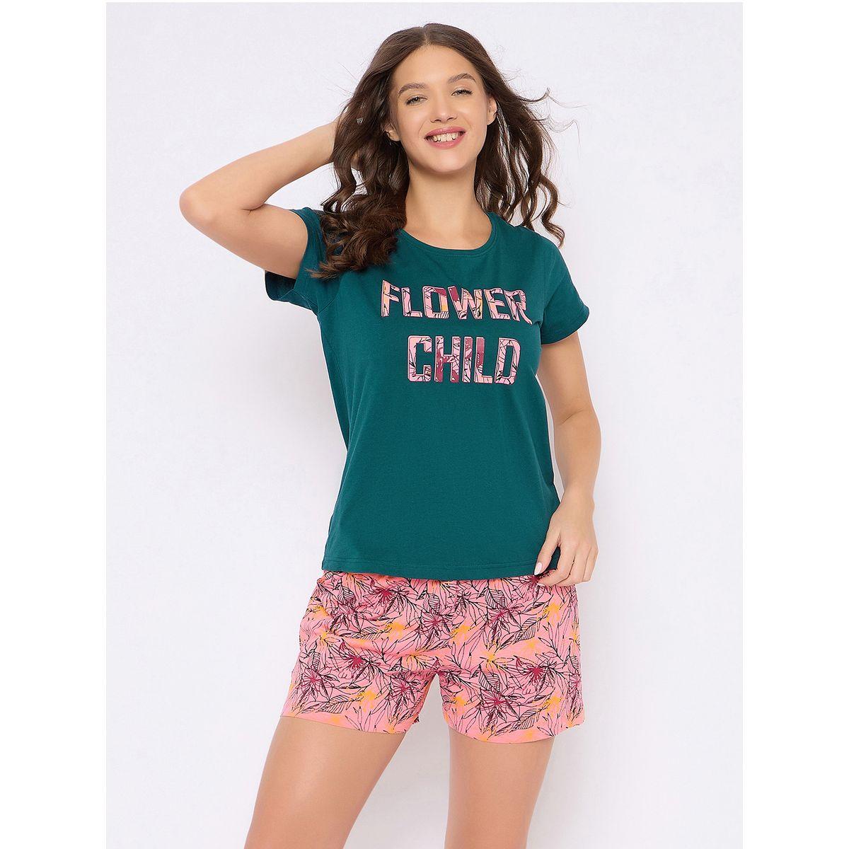 Clovia Slogan Print T-Shirt & Floral Shorts Set-women-clothing-nightwear-pyjamas-shortsets-image-3
