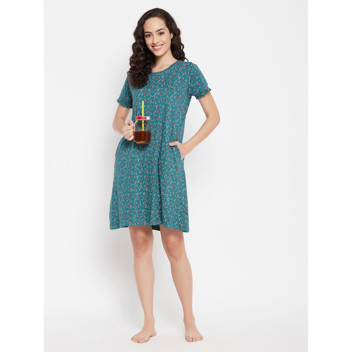 Clovia Cotton Floral Print Nightdress with Side Pocket-women-clothing-nightwear-robes-image-1