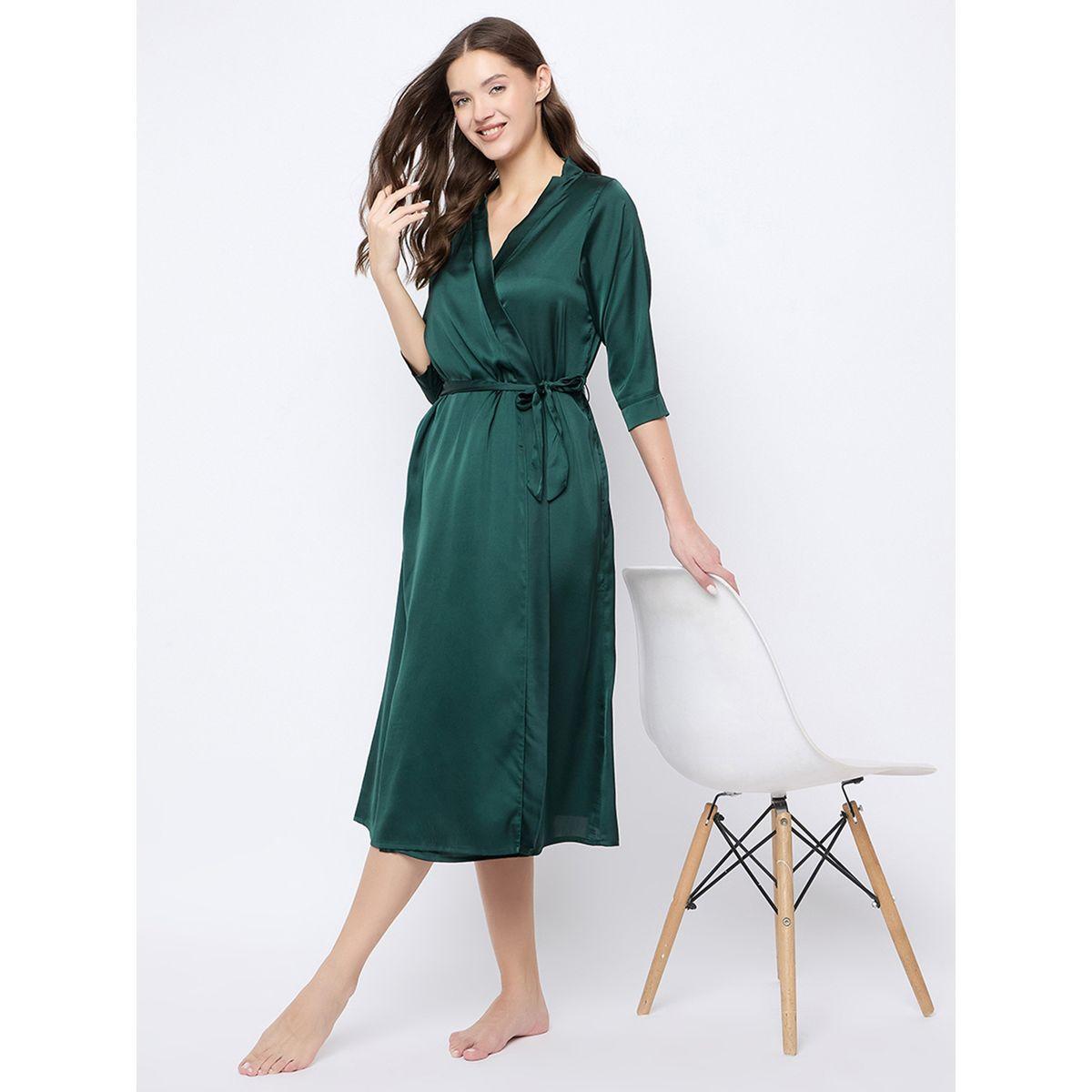 Clovia Solid 3/4 Sleeves Satin Robe-women-clothing-nightwear-robes-image-1