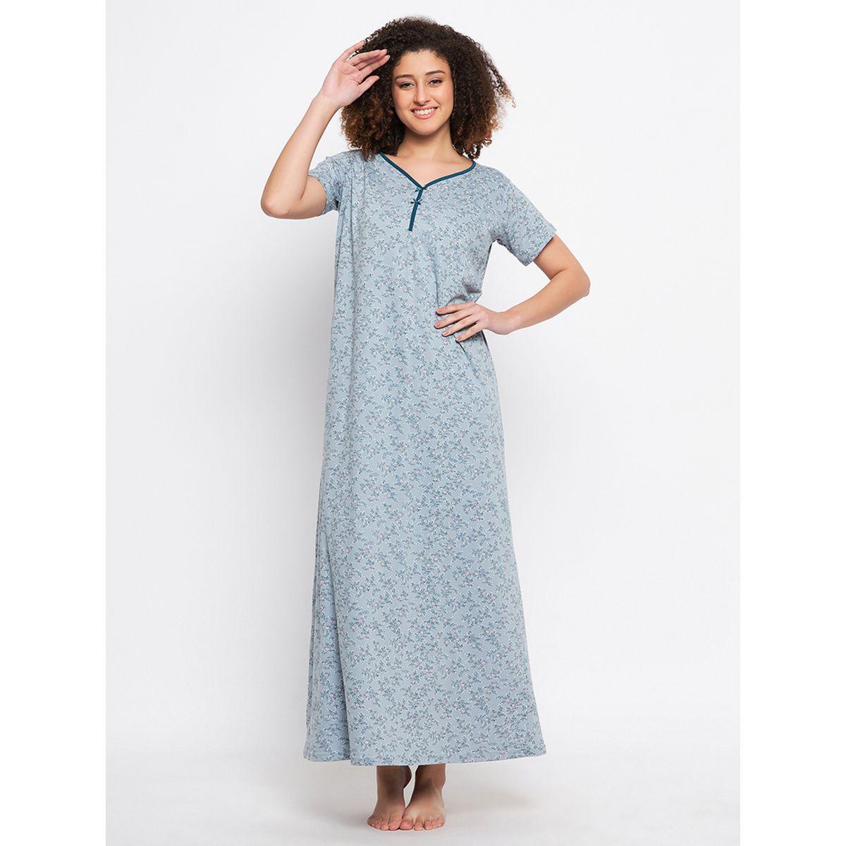 Clovia Cotton Floral Print V Neck Nightdress-women-clothing-nightwear-nighties-image-2