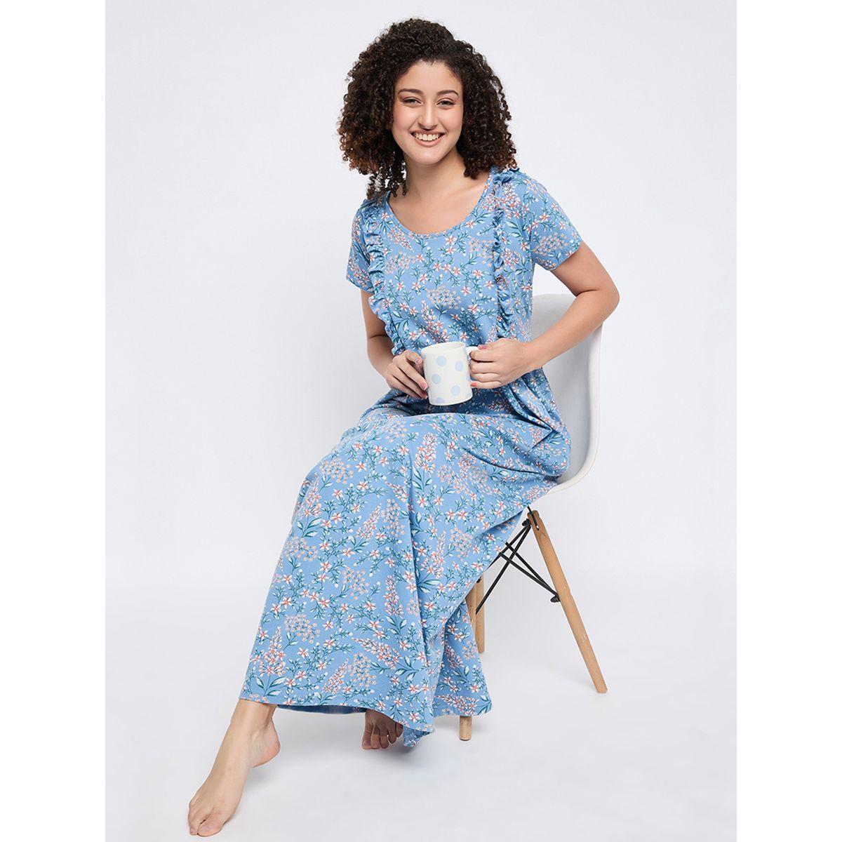 Clovia Cotton Floral Print Ruffled Nightdress-women-clothing-nightwear-nighties-image-1