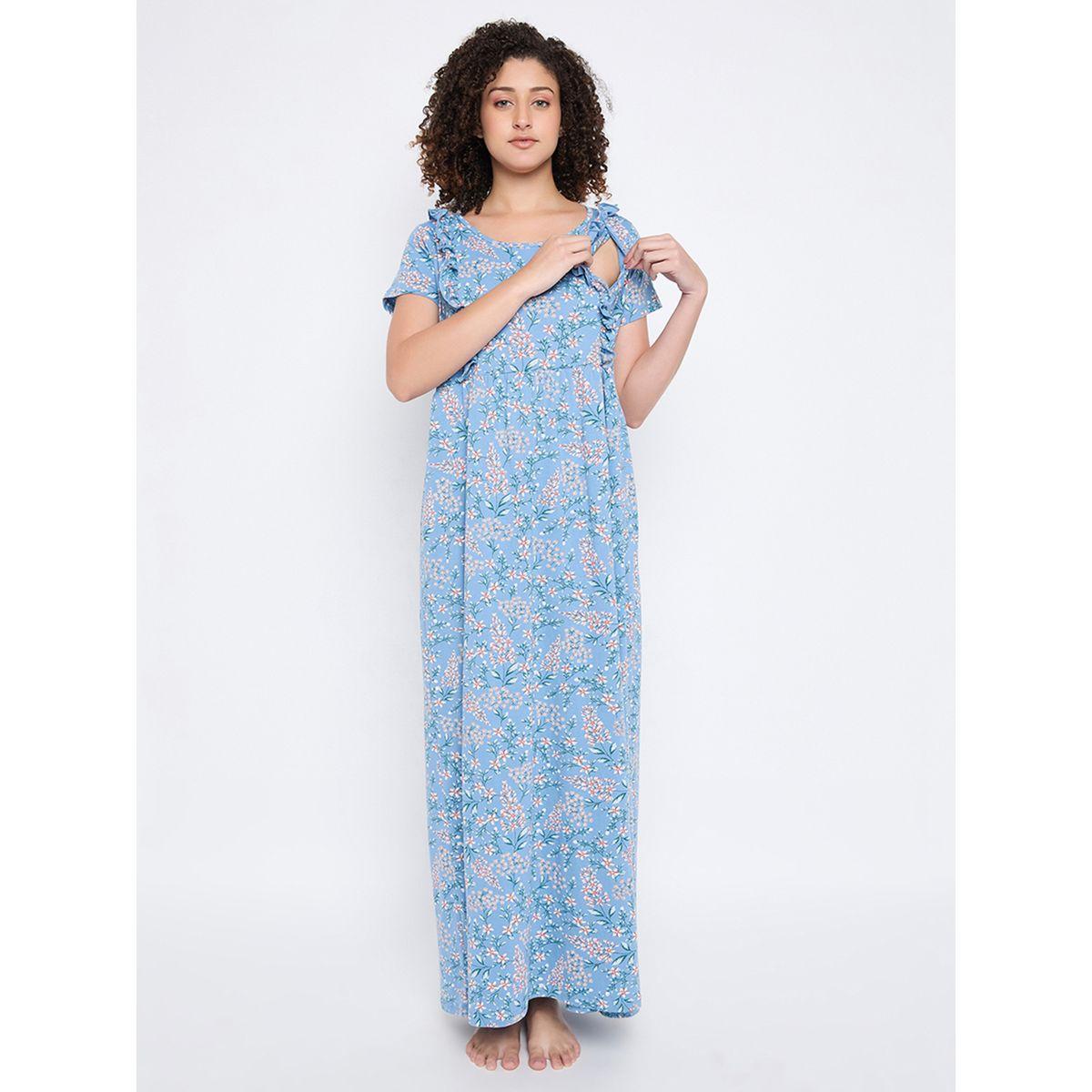 Clovia Cotton Floral Print Ruffled Nightdress-women-clothing-nightwear-nighties-image-2