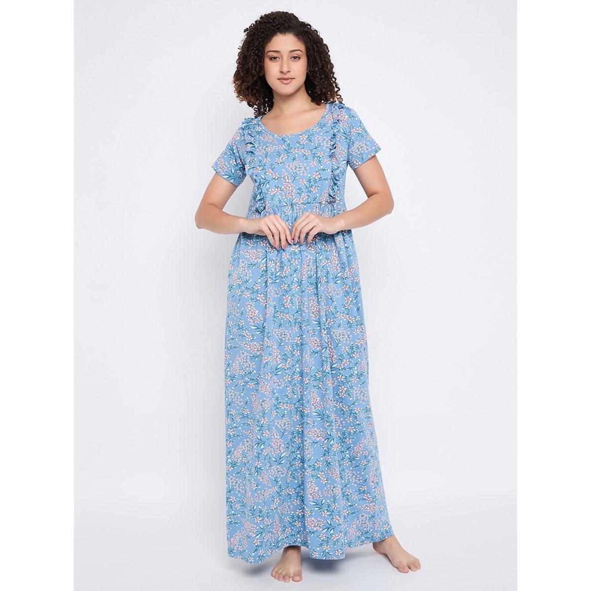 Clovia Cotton Floral Print Ruffled Nightdress-women-clothing-nightwear-nighties-image-3