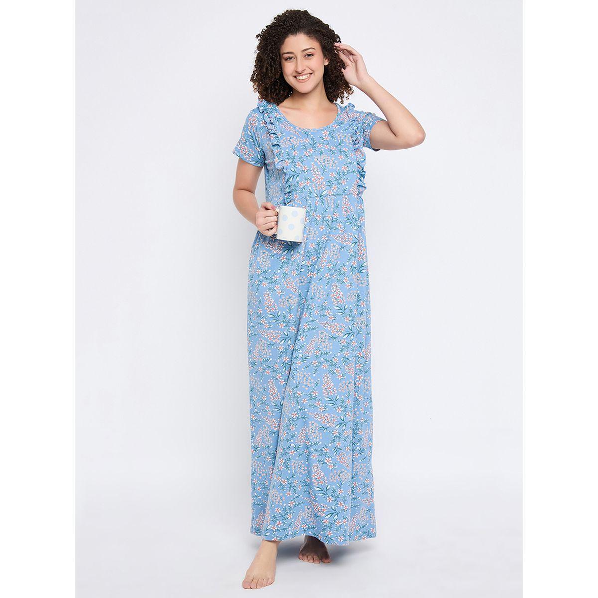 Clovia Cotton Floral Print Ruffled Nightdress-women-clothing-nightwear-nighties-image-4