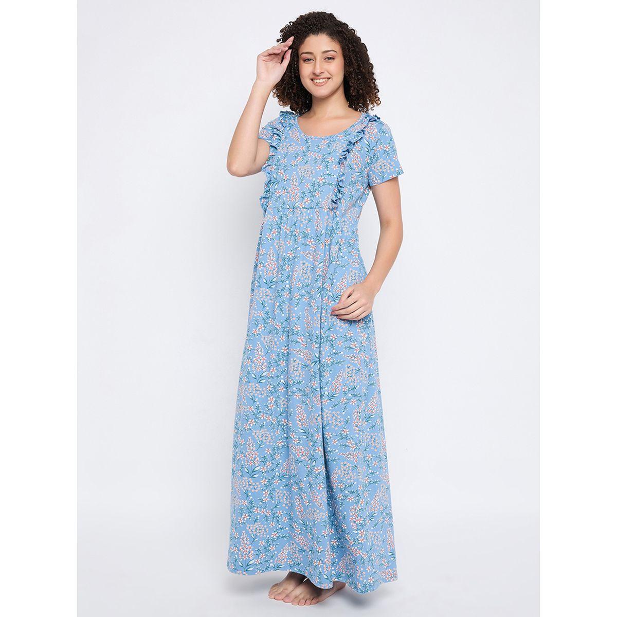 Clovia Cotton Floral Print Ruffled Nightdress-women-clothing-nightwear-nighties-image-5